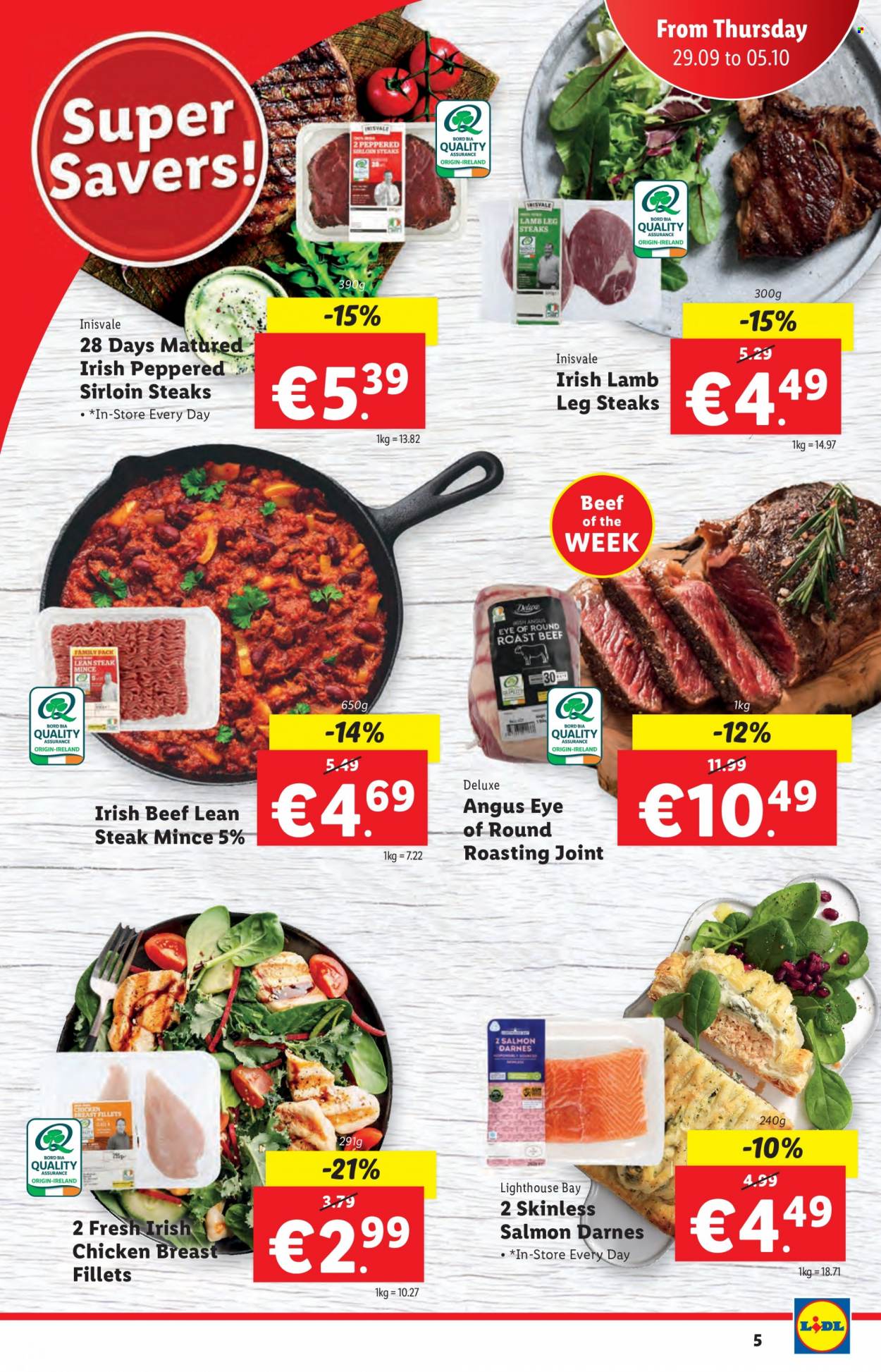 Lidl offer  - 29.09.2022 - 05.10.2022 - Sales products - salmon, chicken breasts, chicken meat, beef meat, steak, eye of round, round roast, roast beef, sirloin steak, lamb meat, lamb leg. Page 5.