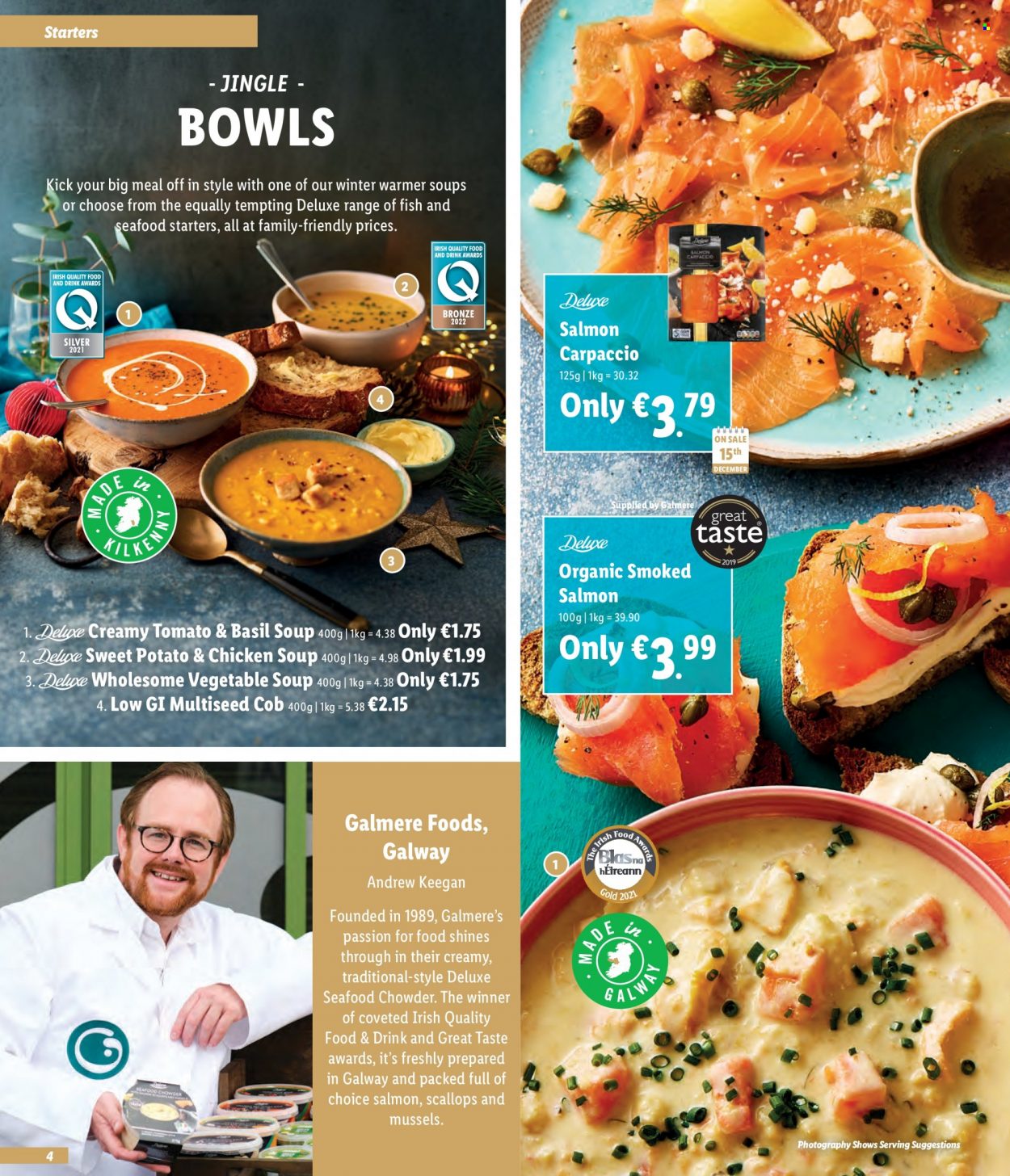 Lidl offer  - Sales products - mussel, salmon, scallops, smoked salmon, seafood, vegetable soup, chicken soup, soup. Page 4.