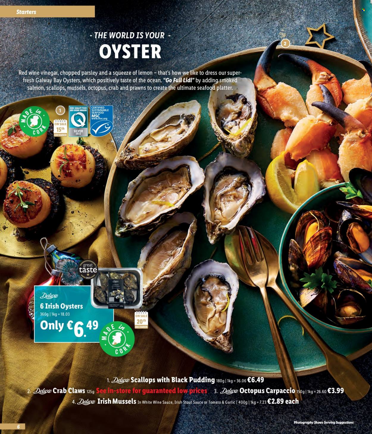 Lidl offer  - Sales products - parsley, mussel, salmon, scallops, smoked salmon, octopus, oysters, prawns, crab, black pudding, vinegar, wine vinegar, white wine, platter, dress. Page 6.