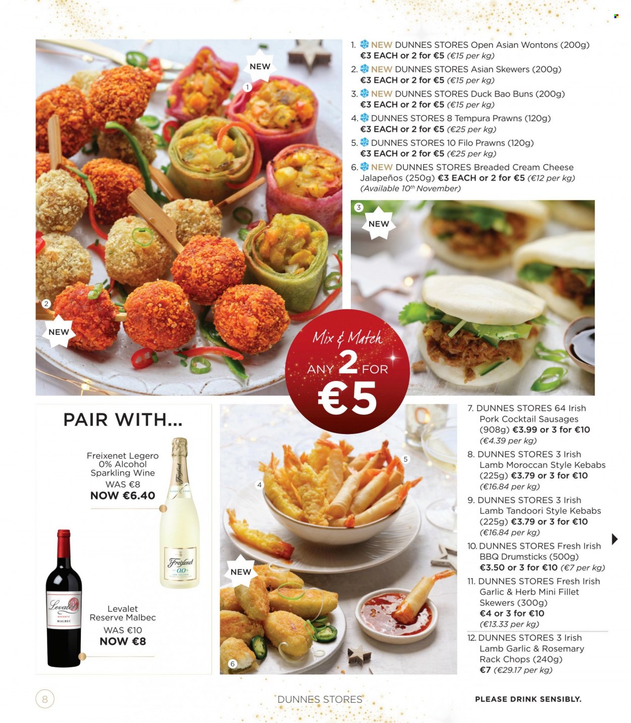 Dunnes Stores offer  - 09.11.2022 - 24.12.2022 - Sales products - buns, prawns, sausage, cream cheese, cheese, filo dough, red wine, sparkling wine, wine. Page 8.