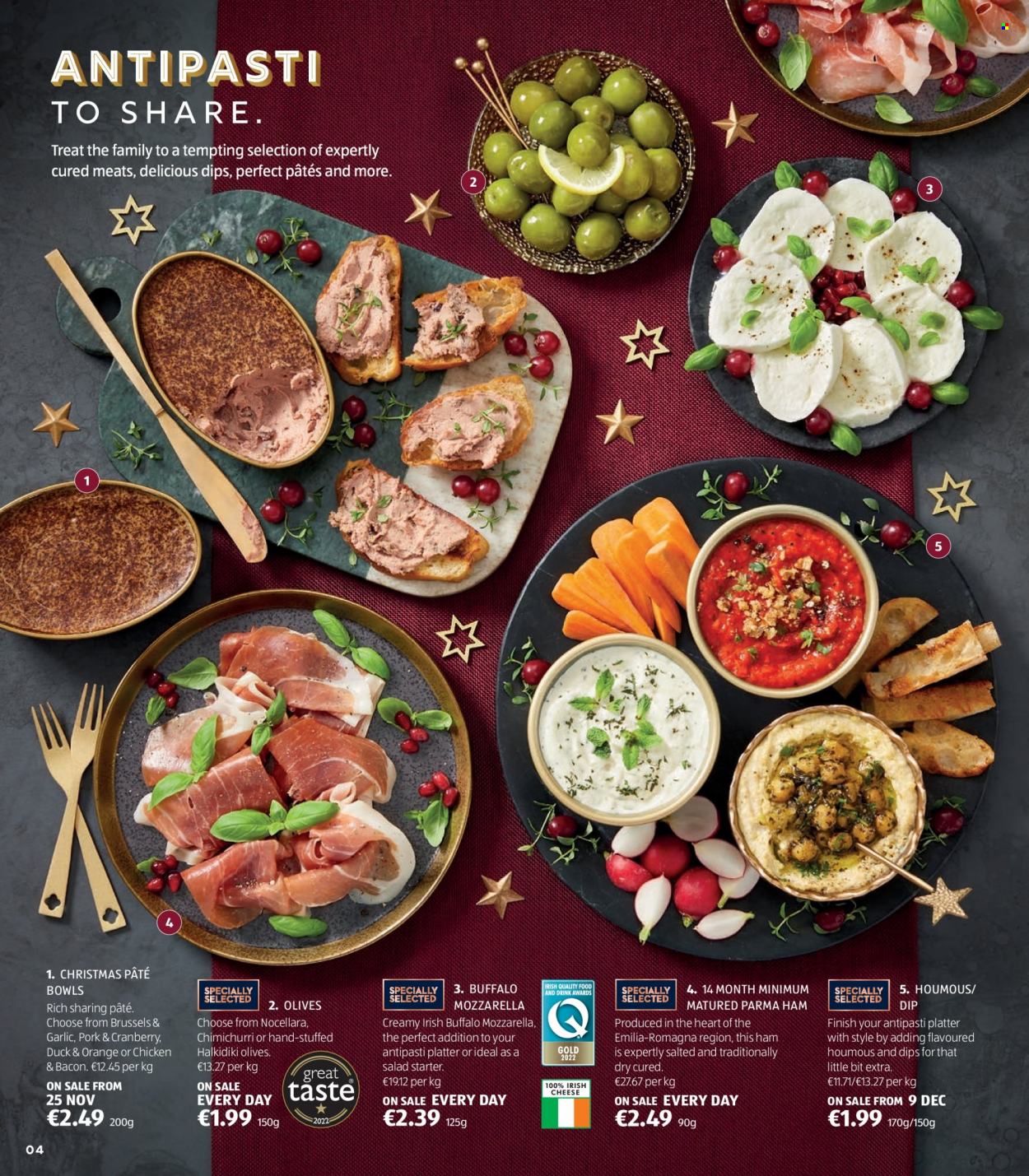 Aldi offer  - Sales products - salad, bacon, ham, houmous, mozzarella, dip, olives, platter. Page 4.