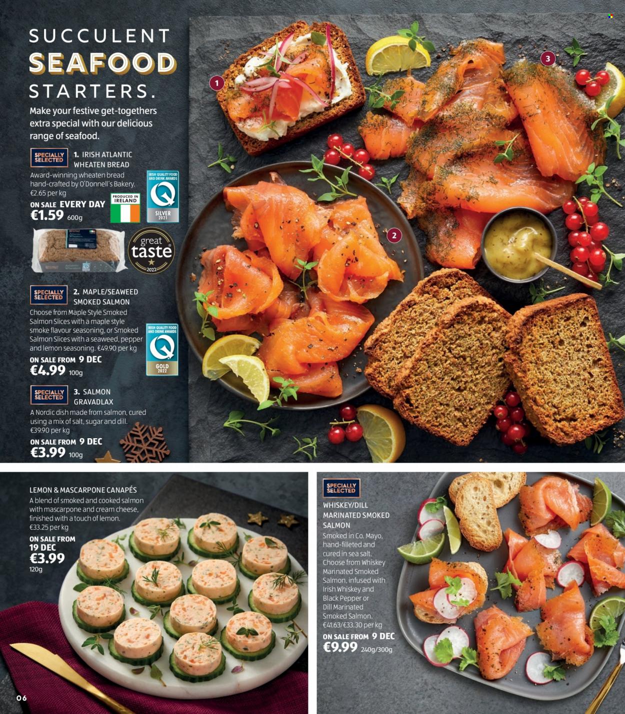 Aldi offer  - Sales products - bread, salmon, smoked salmon, seafood, mascarpone, cheese, seaweed, sea salt, dill, black pepper, spice, whiskey, irish whiskey, whisky, succulent. Page 6.