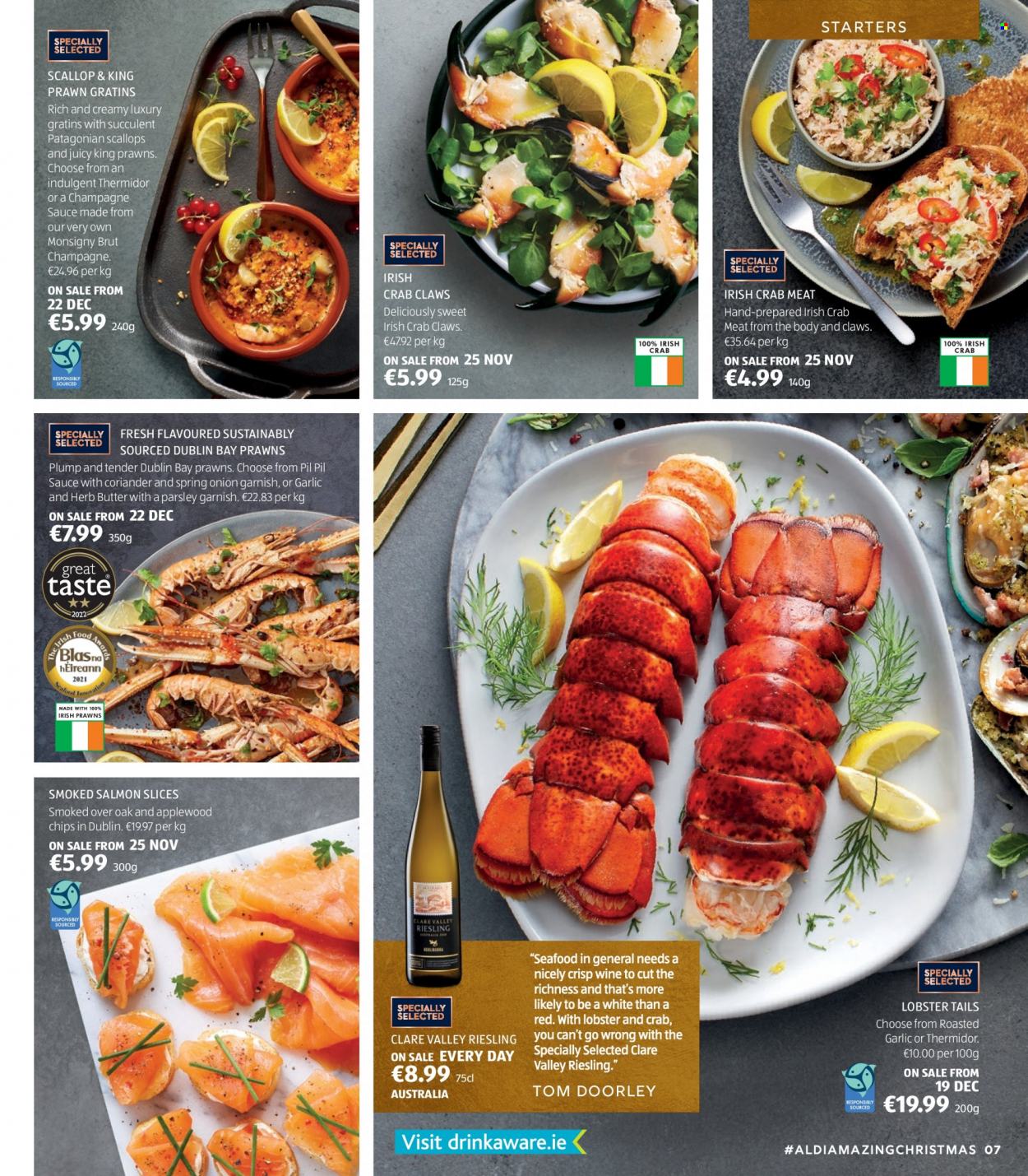 Aldi offer  - Sales products - parsley, onion, green onion, crab meat, lobster, salmon, scallops, smoked salmon, seafood, prawns, crab, lobster tail, sauce, butter, chips, herbs, white wine, champagne, succulent. Page 7.