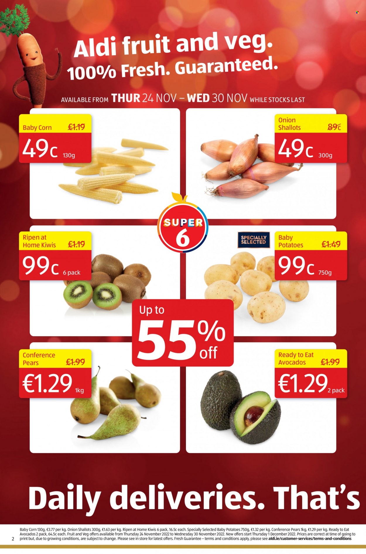 Aldi offer  - 24.11.2022 - 07.12.2022 - Sales products - corn, shallots, potatoes, onion, avocado, kiwi, pears. Page 2.
