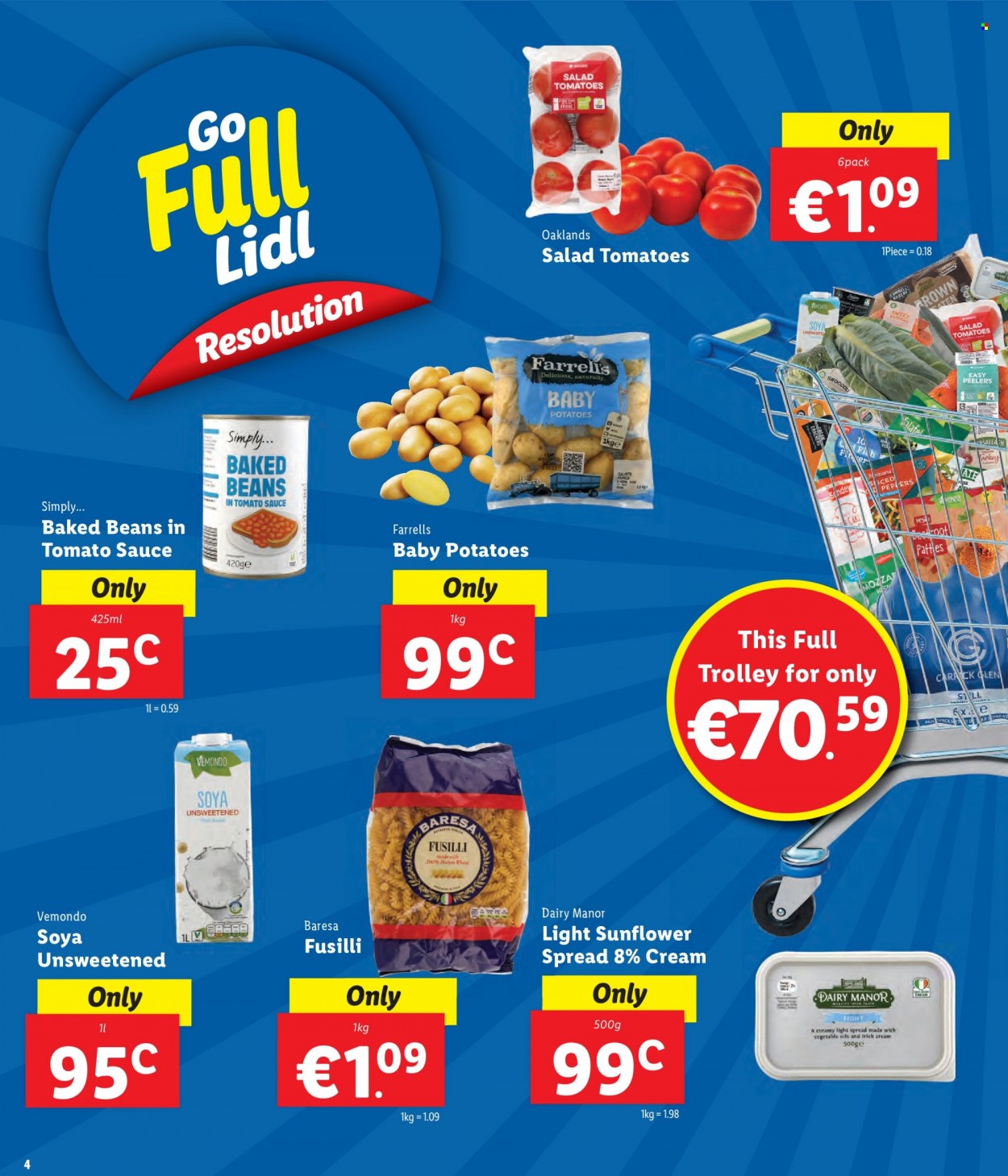 Lidl offer  - Sales products - trolley, beans, sweet potato, tomatoes, potatoes, salad, peppers, fish, baked beans, refrigerator, fridge, sunflower. Page 4.