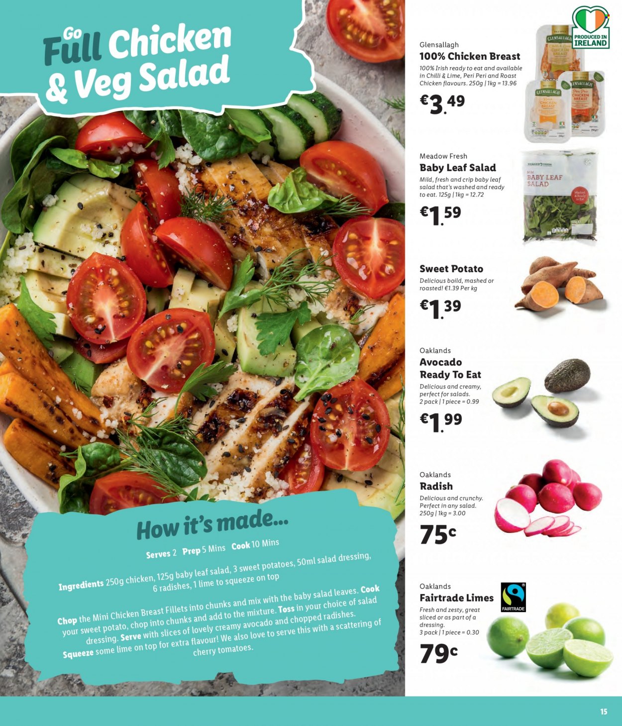 Lidl offer  - Sales products - sweet potato, tomatoes, avocado, limes, cherries, chicken roast, salad dressing, dressing, chicken breasts, chicken meat. Page 15.