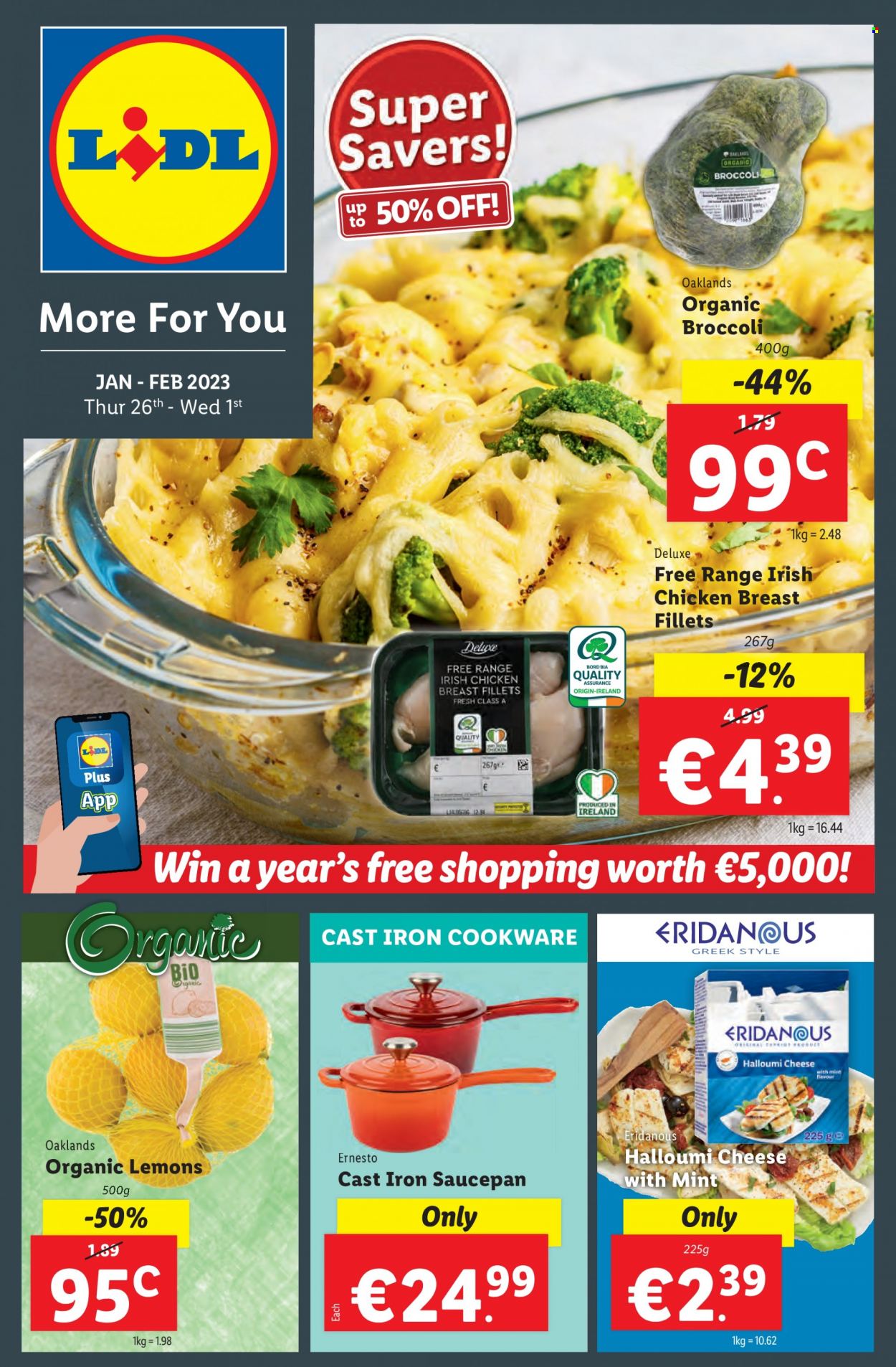 Lidl offer  - 26.01.2023 - 01.02.2023 - Sales products - ESPRIT, Hewlett Packard, broccoli, lemons, halloumi, cheese, chicken breasts, chicken meat, Ernesto, cookware set, saucepan. Page 1.