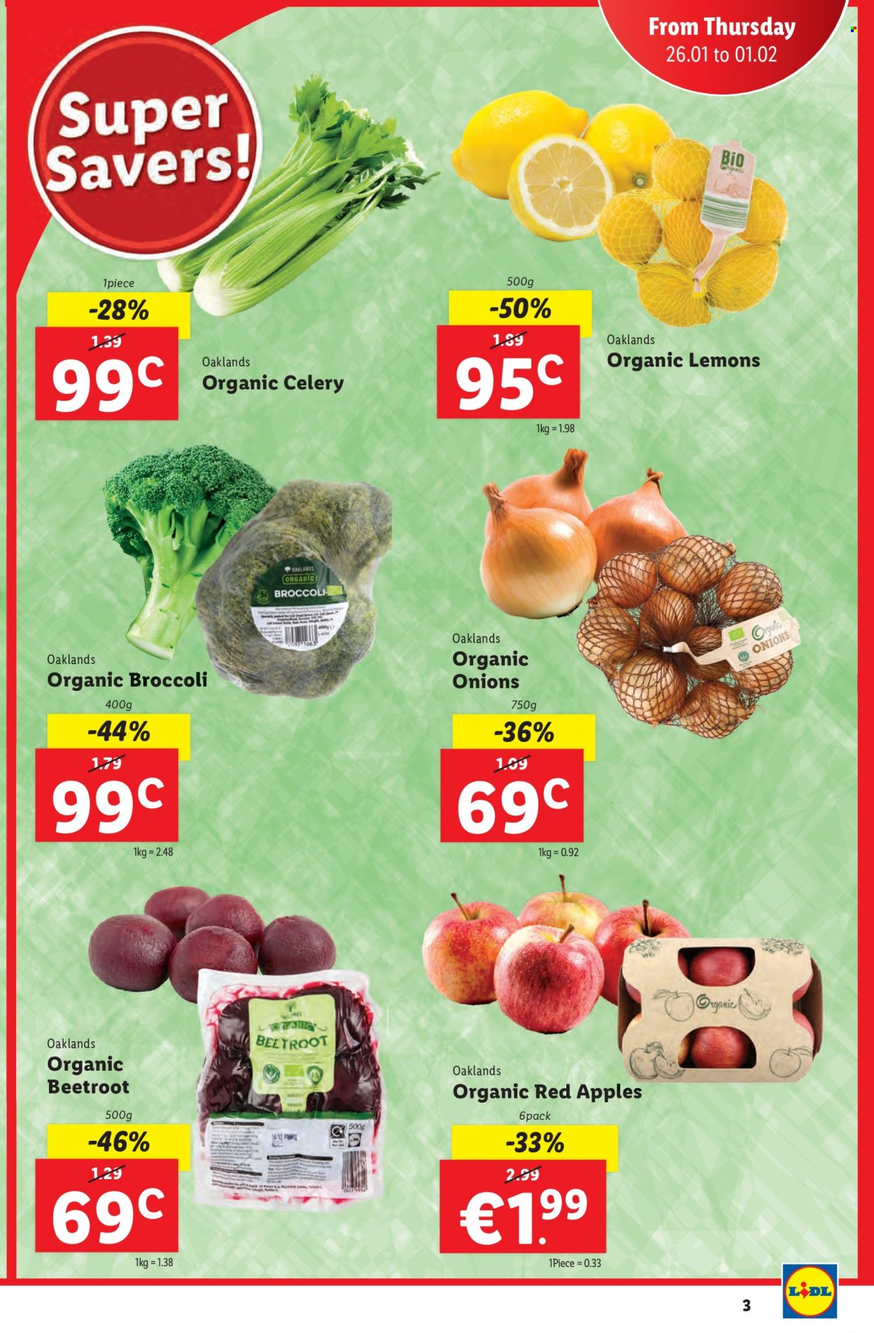 Lidl offer  - 26.01.2023 - 01.02.2023 - Sales products - broccoli, celery, onion, apples, lemons. Page 3.