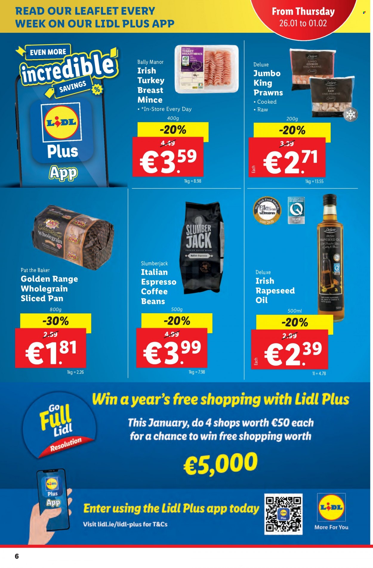 Lidl offer  - 26.01.2023 - 01.02.2023 - Sales products - prawns, oil, coffee, coffee beans, turkey breast, turkey meat, pan. Page 6.