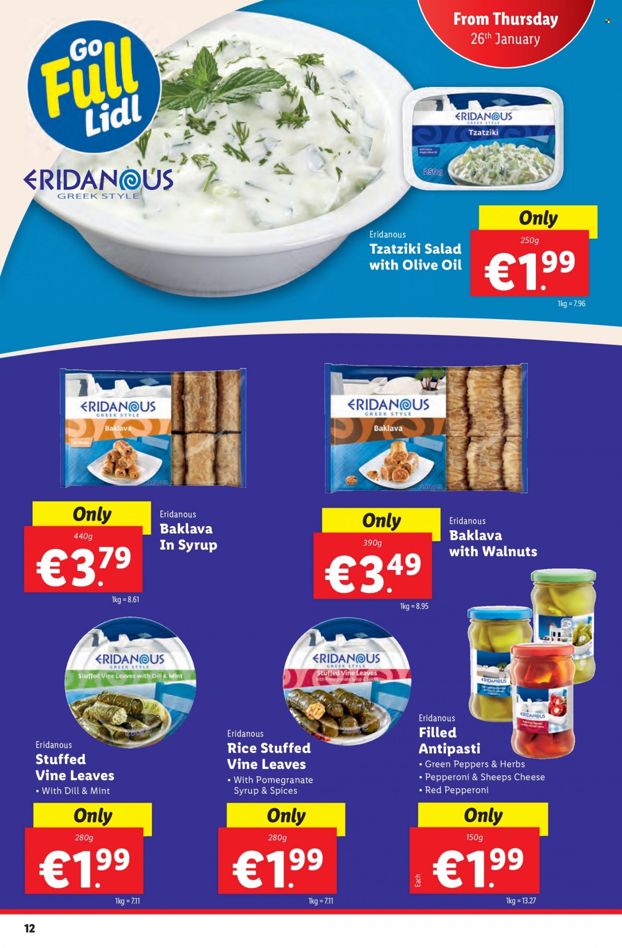Lidl offer  - 26.01.2023 - 01.02.2023 - Sales products - salad, peppers, pepperoni, tzatziki, cheese, rice, dill, oil. Page 12.