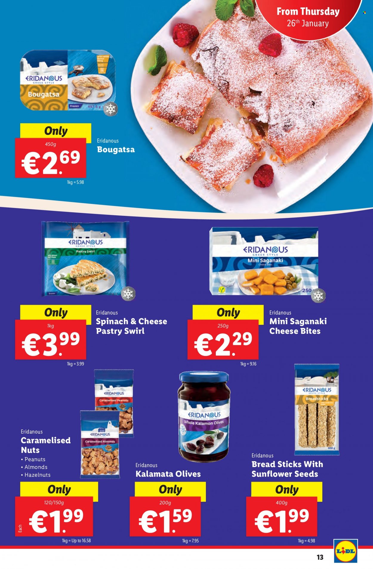 Lidl offer  - 26.01.2023 - 01.02.2023 - Sales products - vanity, bread sticks, olives, almonds, hazelnuts, nuts. Page 13.