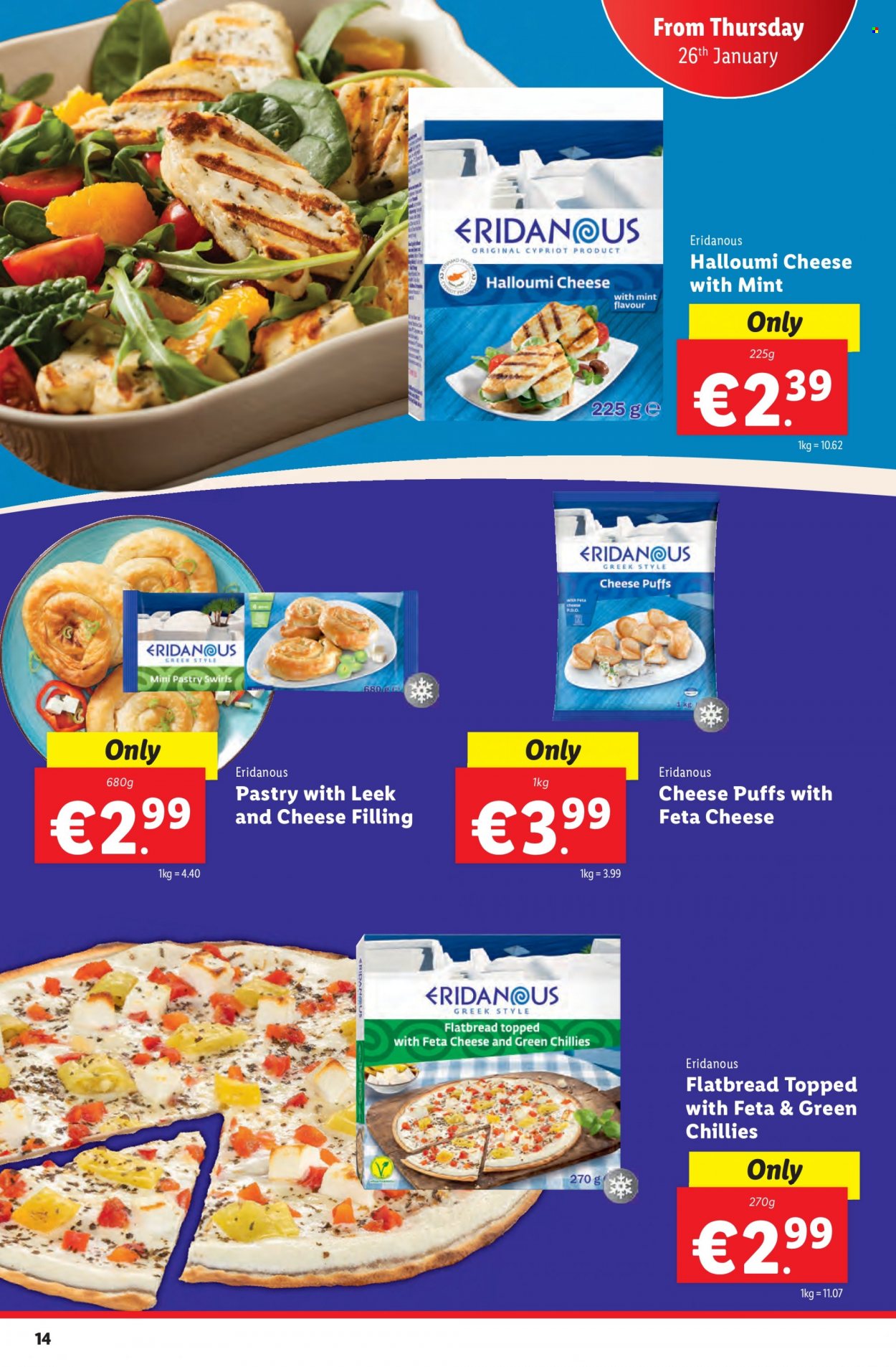 Lidl offer  - 26.01.2023 - 01.02.2023 - Sales products - Puffs, flatbread, leek, halloumi, feta cheese. Page 14.