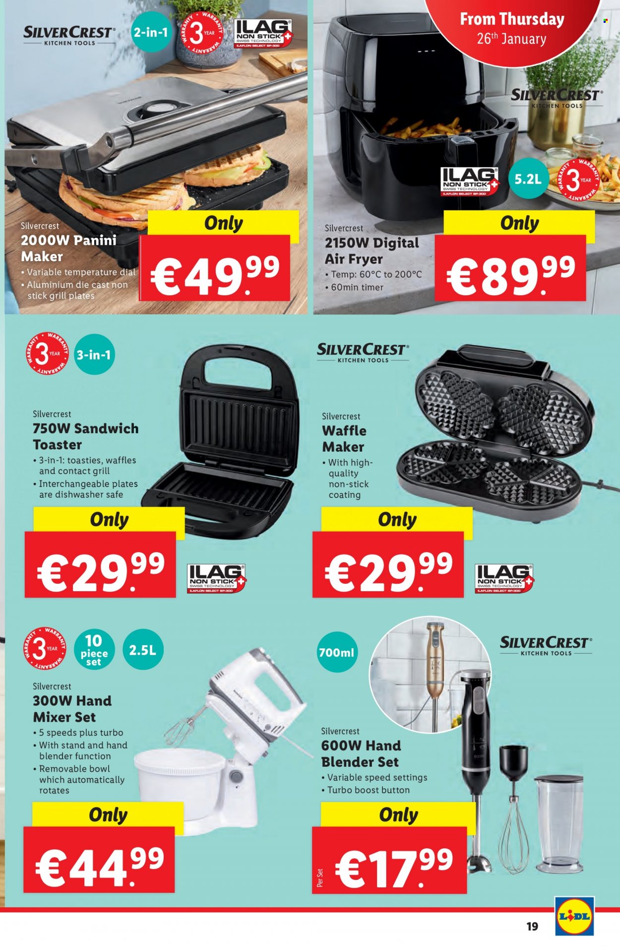 Lidl offer  - 26.01.2023 - 01.02.2023 - Sales products - SilverCrest, panini, sandwich, Boost, Dial, plate, mixer, hand mixer, air fryer, hand blender, toaster, waffle maker, grill. Page 19.