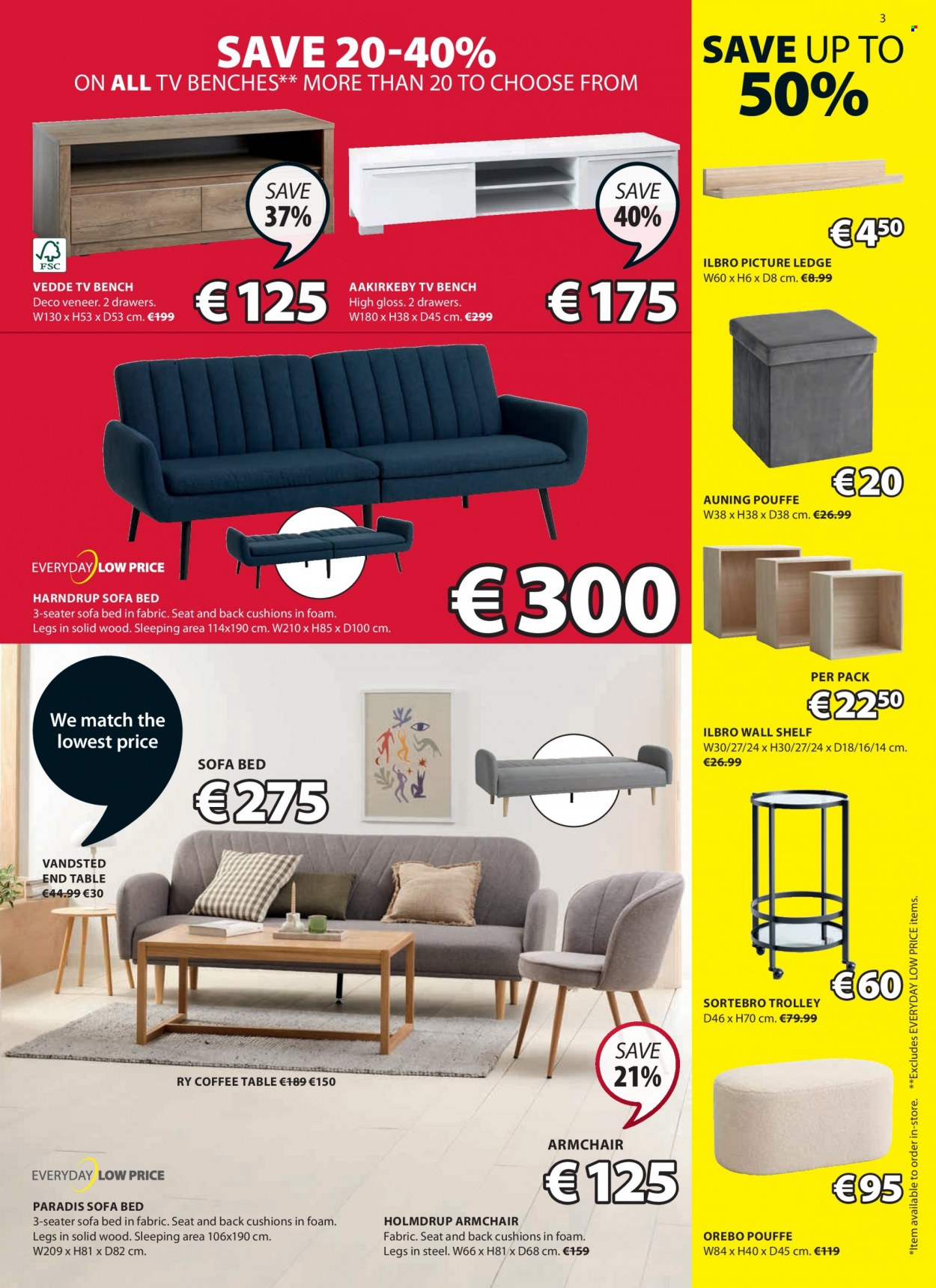 JYSK offer  - 19.01.2023 - 01.02.2023 - Sales products - trolley, bench, arm chair, sofa, pouffe, sofa bed, coffee table, end table, tv bench, wall shelf, bed, cushion. Page 3.