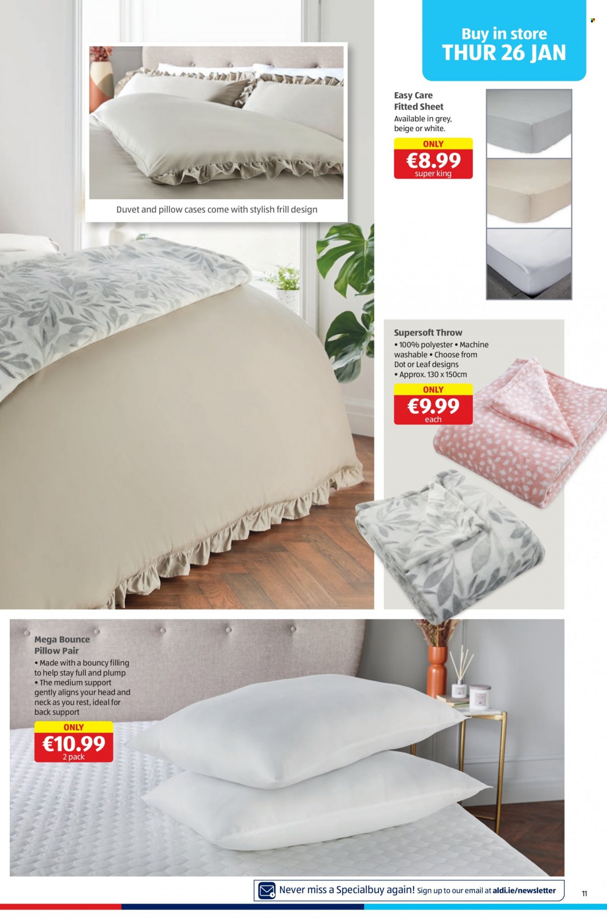 Aldi offer  - 26.01.2023 - 01.02.2023 - Sales products - Bounce, duvet, pillow, supersoft throw. Page 11.