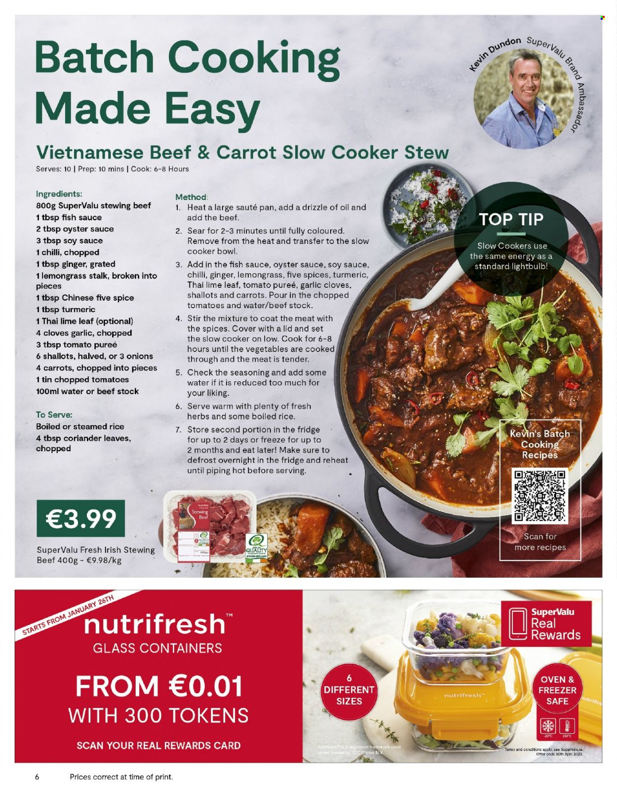 SuperValu offer  - Sales products - garlic, ginger, shallots, onion, oysters, fish, tomato sauce, tomato puree, chopped tomatoes, rice, turmeric, cloves, spice, coriander, fish sauce, soy sauce, oyster sauce, beef meat, stewing beef, Plenty, bowl. Page 6.
