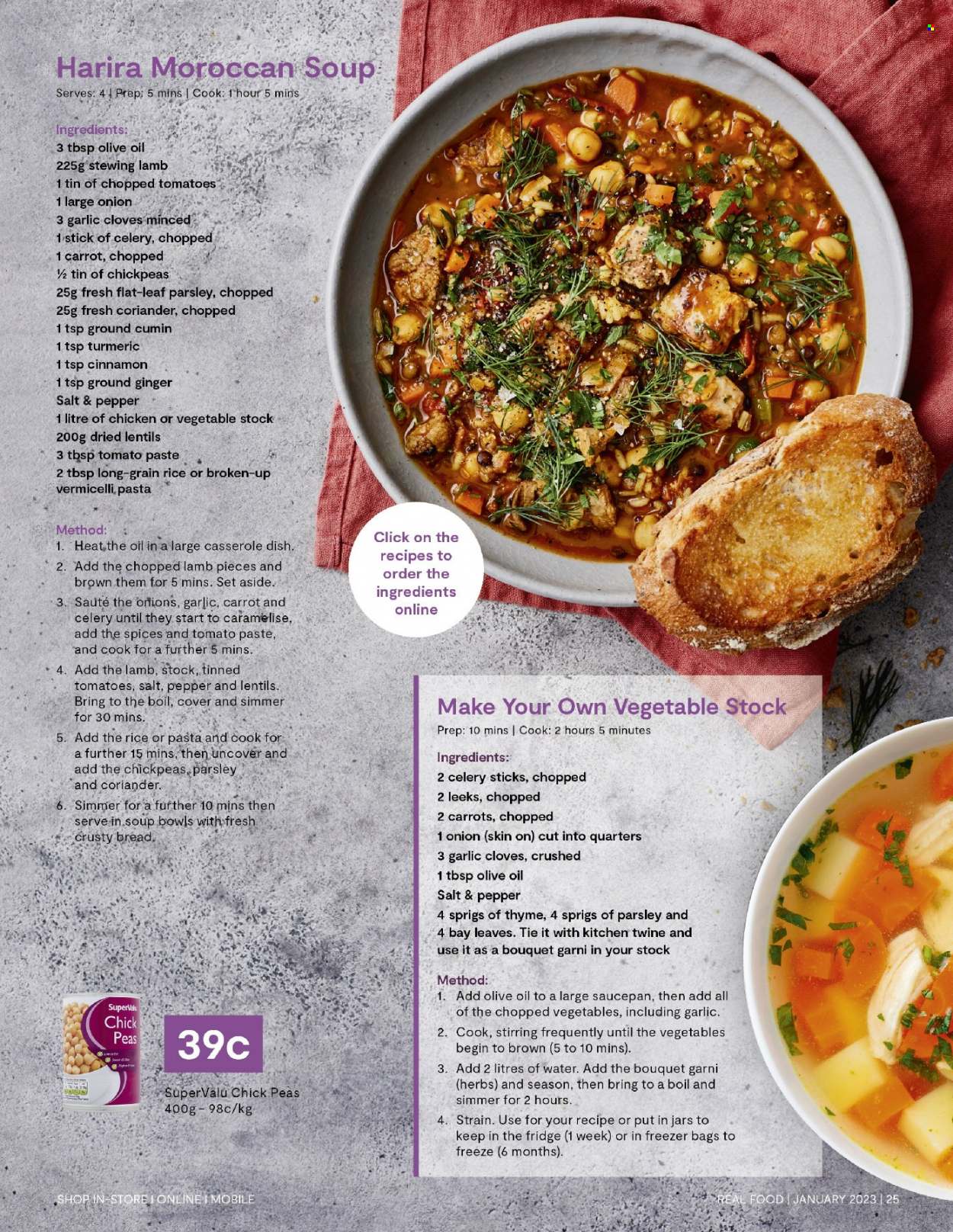 SuperValu offer  - Sales products - garlic, ginger, parsley, vegetable stock, soup, celery sticks, lentils, tomato paste, chopped tomatoes, chickpeas, ground ginger, turmeric, cloves, cumin, cinnamon, coriander. Page 25.