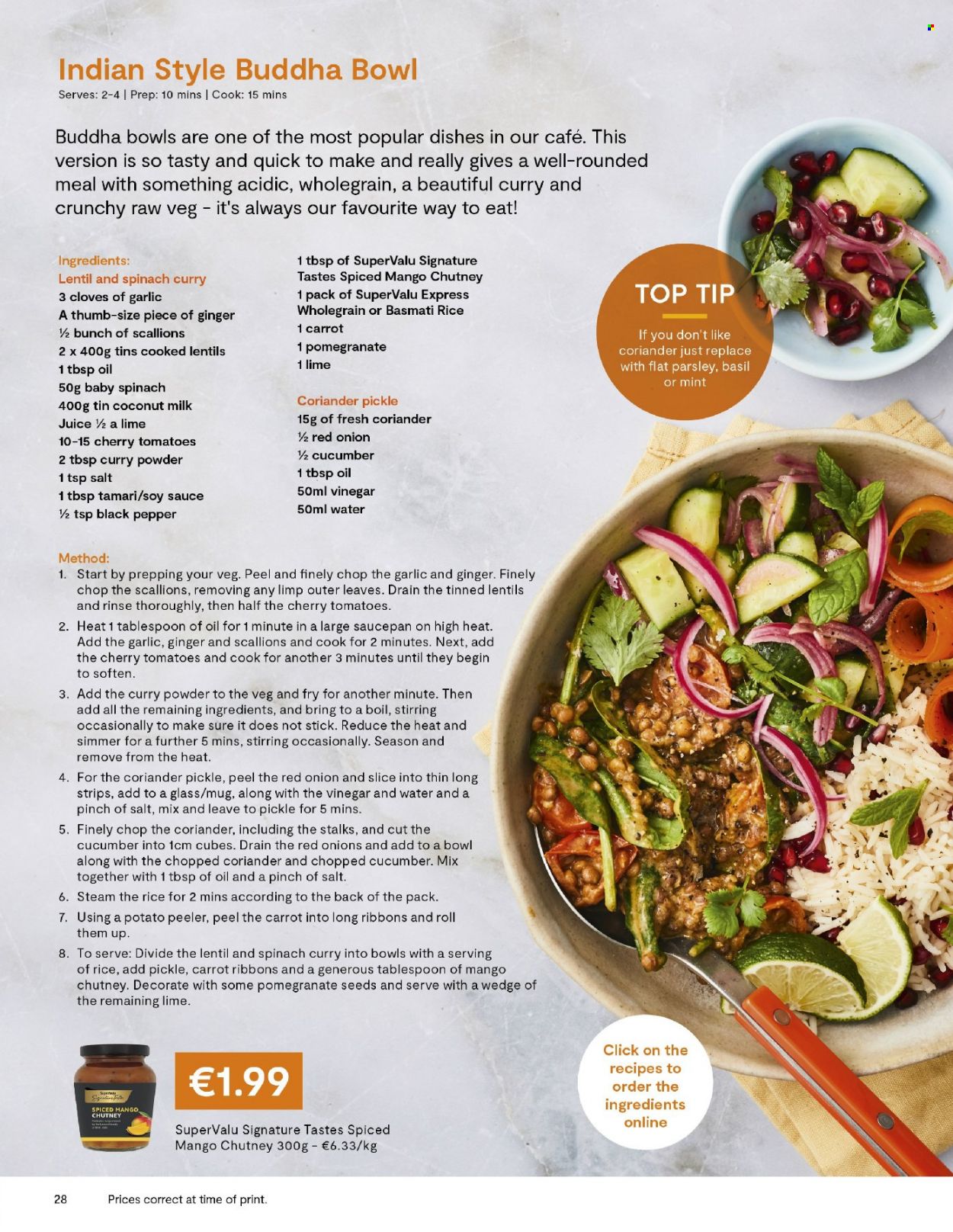 SuperValu offer  - Sales products - garlic, red onions, parsley, onion, cherries, pomegranate, coconut milk, lentils, basmati rice, rice, black pepper, cloves, curry powder, coriander, soy sauce, chutney, vinegar, juice. Page 28.