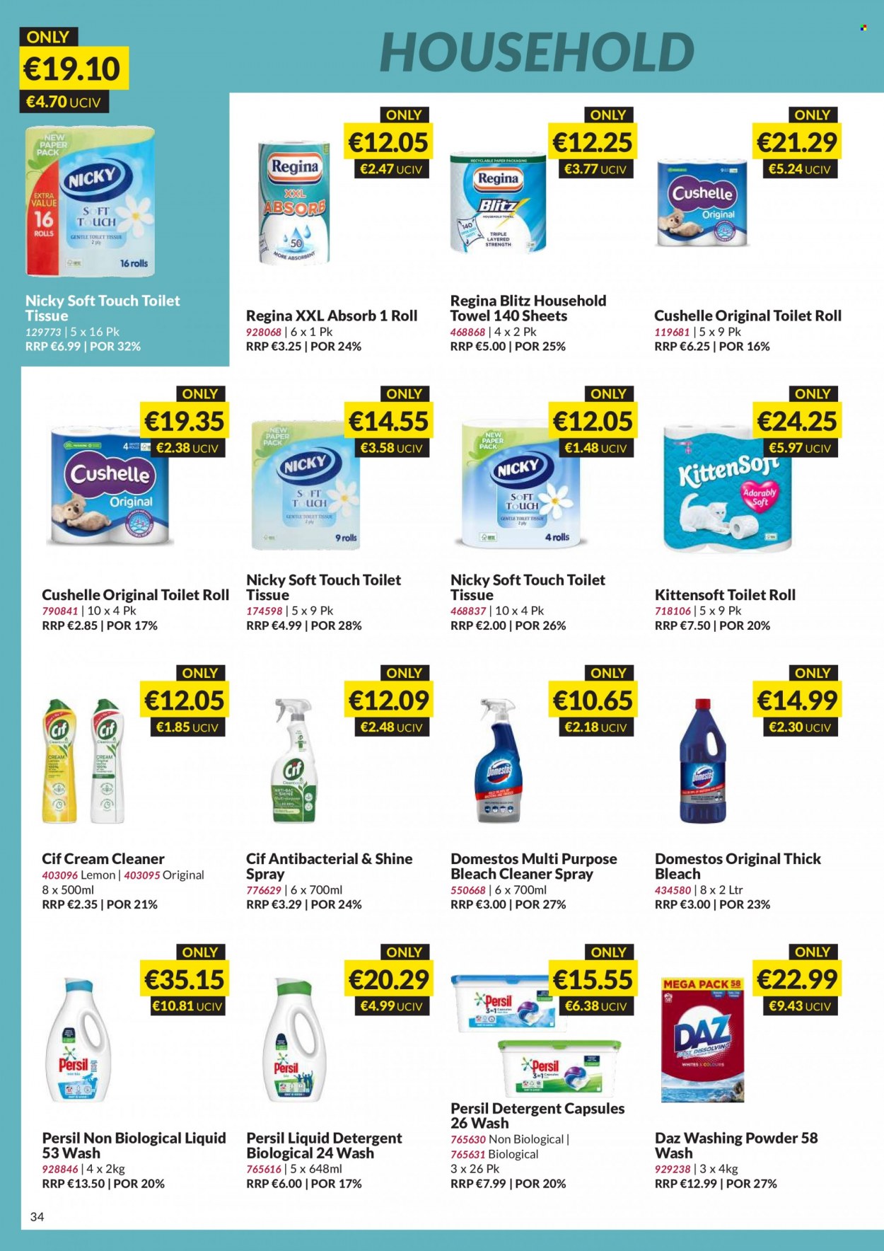 MUSGRAVE Market Place offer  - 22.01.2023 - 11.02.2023 - Sales products - toilet paper, Cushelle, detergent, Domestos, cream cleaner, cleaner, bleach, Cif, Persil, thick bleach, liquid detergent, laundry powder, Daz Powder, towel. Page 34.