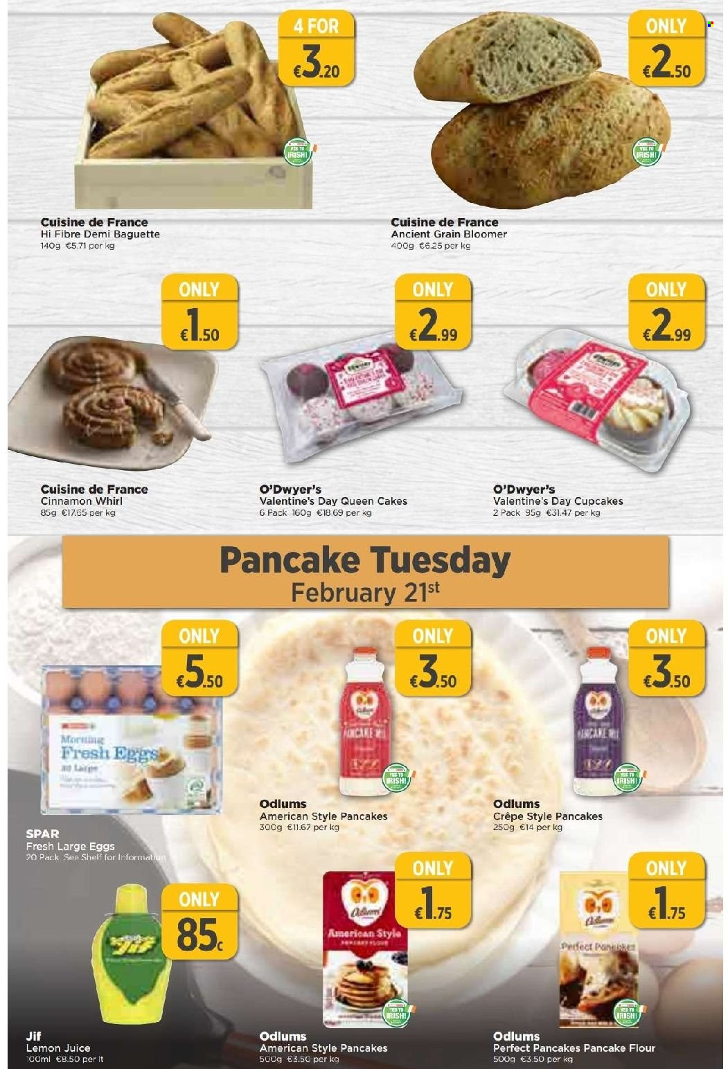 EUROSPAR offer  - 19.01.2023 - 08.02.2023 - Sales products - baguette, cake, cupcake, pancake, large eggs, flour, cinnamon, Jif, lemon juice. Page 7.