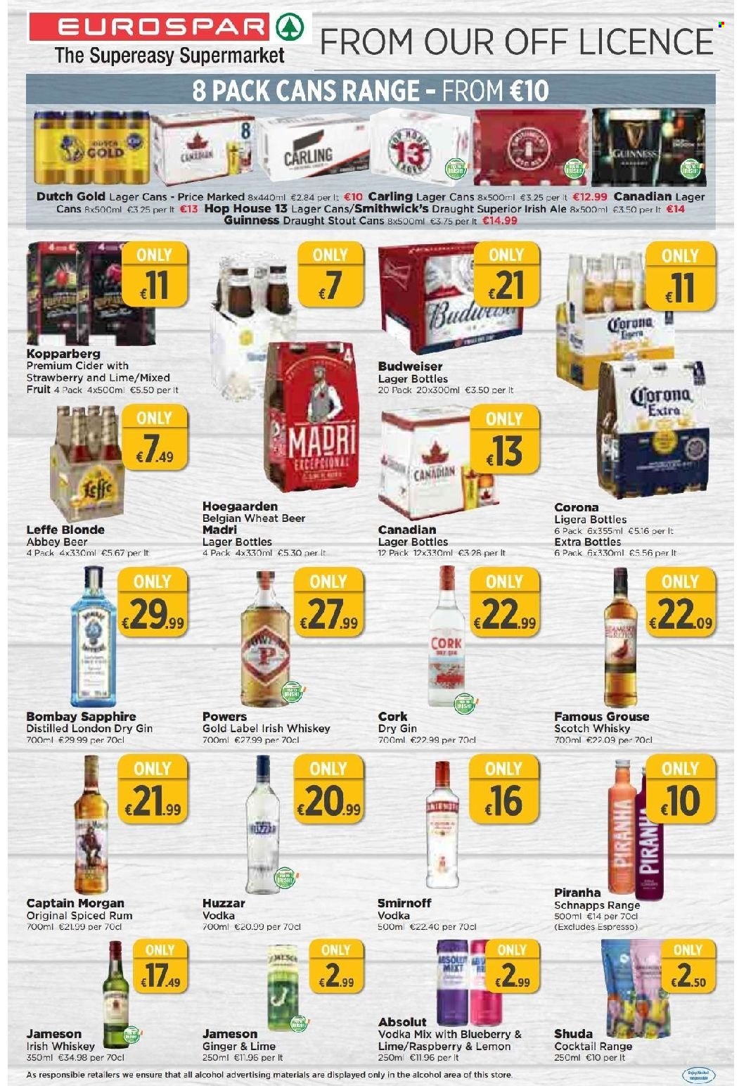 EUROSPAR offer  - 19.01.2023 - 08.02.2023 - Sales products - alcohol, Captain Morgan, gin, rum, schnapps, Smirnoff, spiced rum, vodka, whiskey, irish whiskey, Jameson, Absolut, Kopparberg, scotch whisky, whisky, cider, beer, Corona, Guinness, Carling, Lager, Budweiser. Page 15.