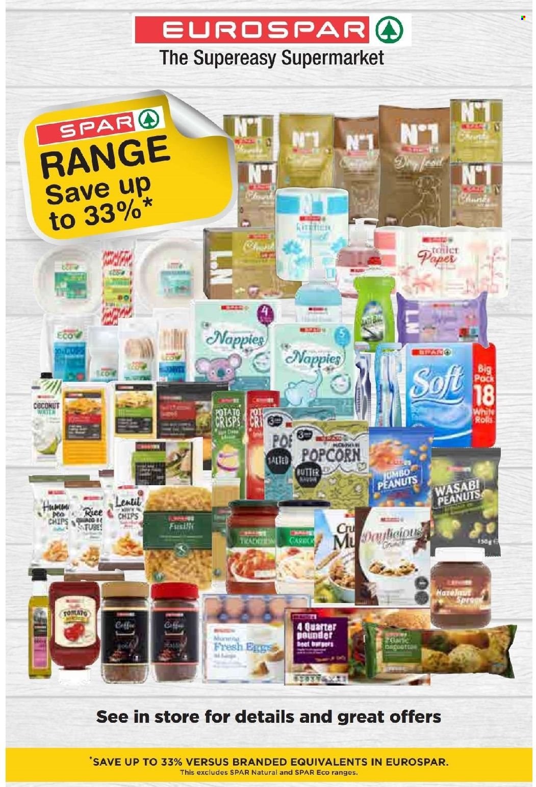 EUROSPAR offer  - 19.01.2023 - 08.02.2023 - Sales products - hamburger, eggs, potato crisps, chips, popcorn, wasabi, peanuts, coconut water, coffee, nappies, toilet paper. Page 16.