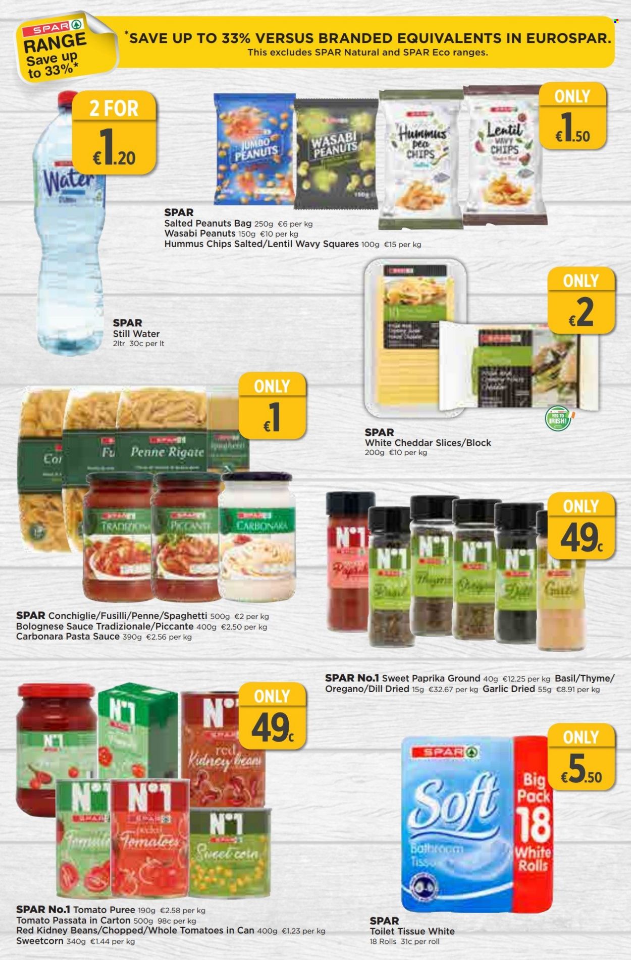 EUROSPAR offer  - 02.03.2023 - 22.03.2023 - Sales products - beans, garlic, tomatoes, spaghetti, pasta sauce, sauce, bolognese sauce, hummus, cheese, chips, tomato sauce, kidney beans, tomato puree, penne, dill, wasabi, peanuts, still water, water, toilet paper, bag. Page 4.