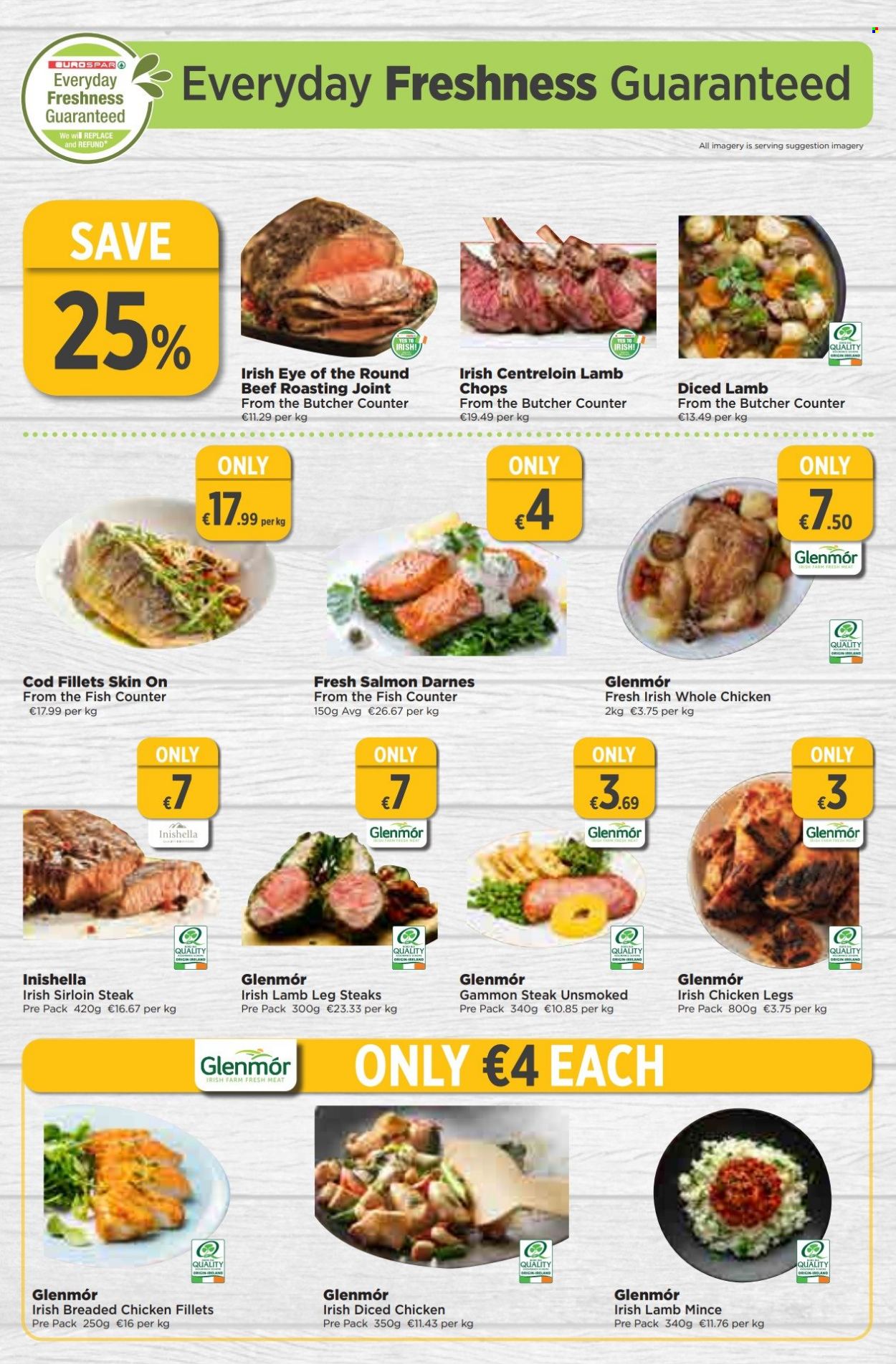 EUROSPAR offer  - 02.03.2023 - 22.03.2023 - Sales products - cod, salmon, fish, fried chicken, gammon, whole chicken, chicken legs, chicken meat, beef sirloin, steak, sirloin steak, ground lamb, lamb chops, lamb meat, lamb leg. Page 2.