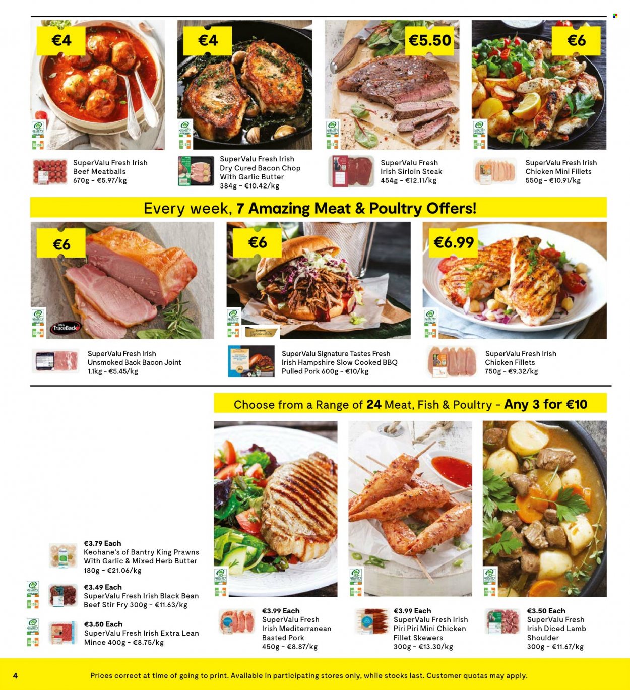 SuperValu offer  - 09.03.2023 - 22.03.2023 - Sales products - prawns, fish, meatballs, pulled pork, bbq, bacon, herbs, beef sirloin, steak, sirloin steak, pork meat, back bacon joint, lamb meat, lamb shoulder. Page 5.
