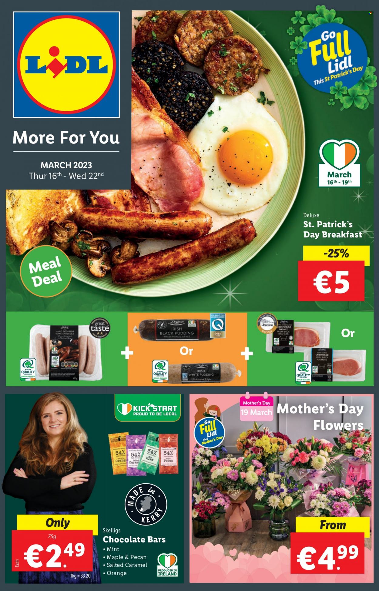 Lidl offer  - 16.03.2023 - 22.03.2023 - Sales products - Sony, orange, rashers, black pudding, sausage, chocolate bar, flowers. Page 1.