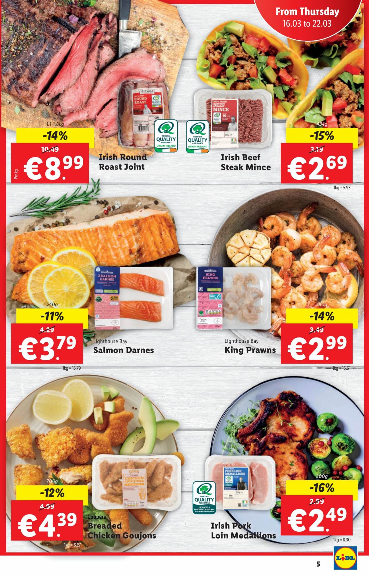 Lidl offer  - 16.03.2023 - 22.03.2023 - Sales products - salmon, prawns, fried chicken, roast, beef meat, beef steak, ground beef, steak, round roast, pork loin, pork meat. Page 5.