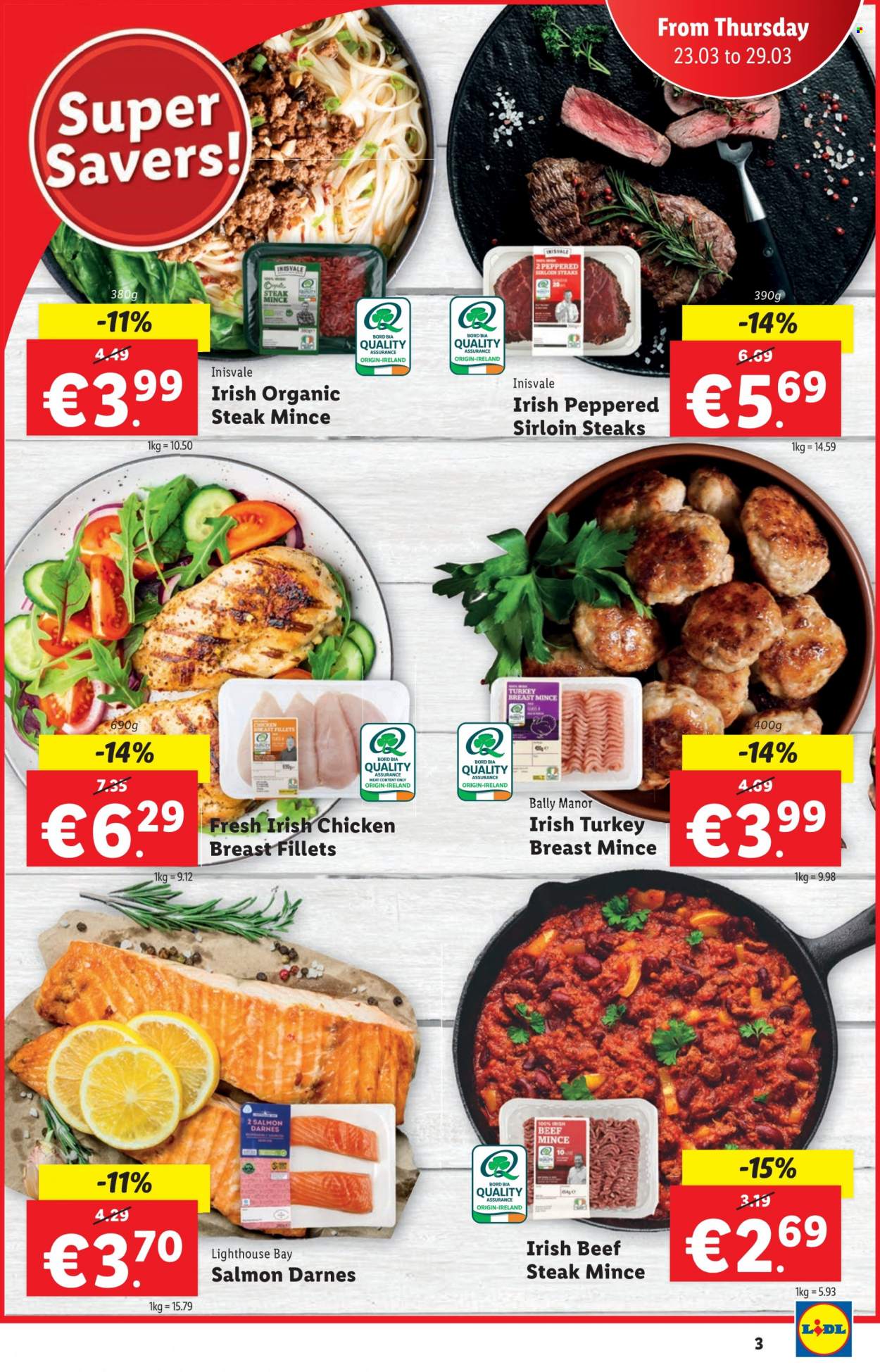 Lidl offer  - 23.03.2023 - 29.03.2023 - Sales products - salmon, turkey breast, chicken breasts, chicken meat, turkey meat, beef meat, beef steak, ground beef, steak, sirloin steak, hook. Page 3.