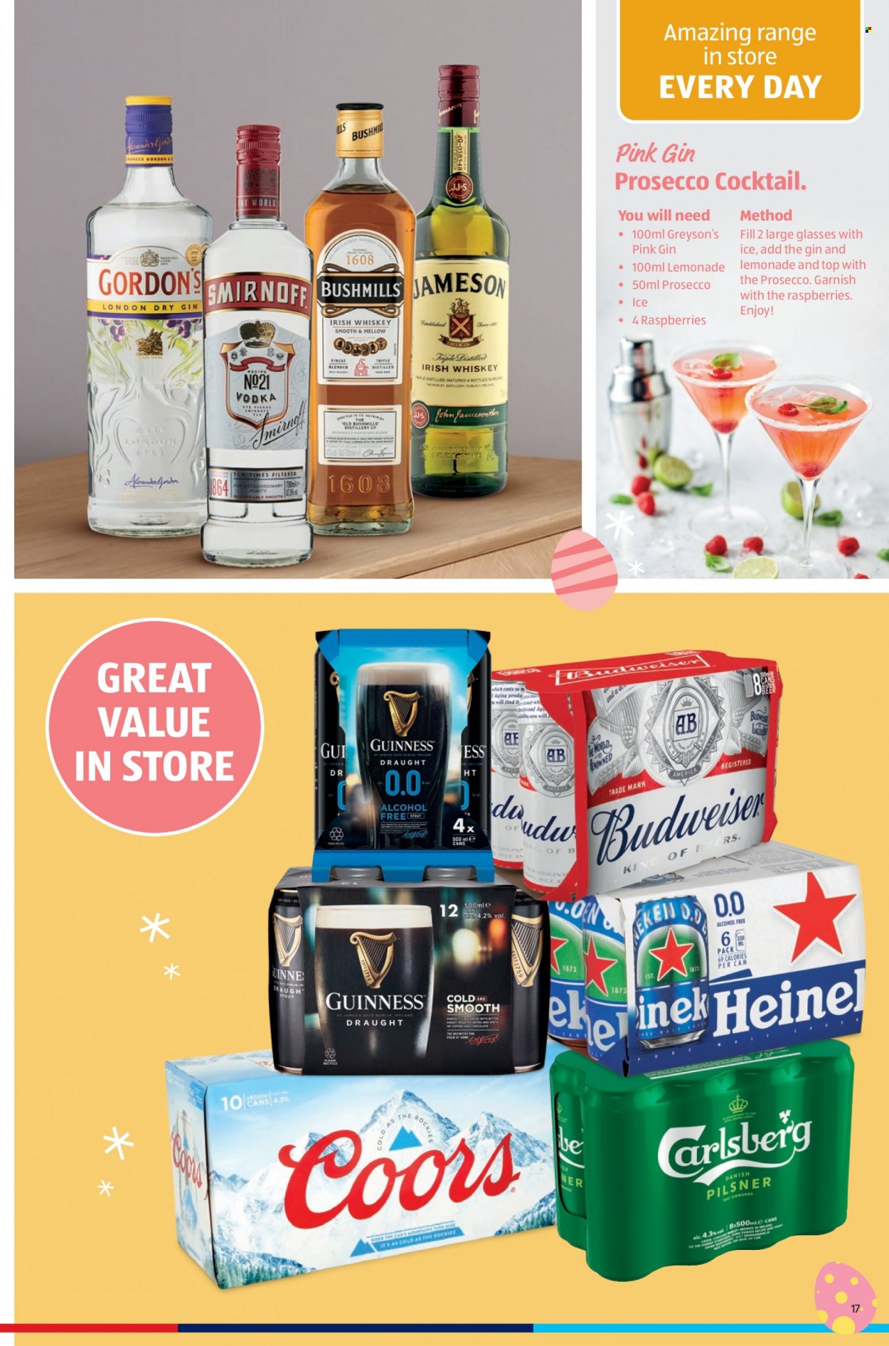 thumbnail - Aldi offer  - Sales products - rice, prosecco, gin, Smirnoff, vodka, whiskey, irish whiskey, Jameson, Gordon's, whisky, beer, Carlsberg, Guinness, Purity, Budweiser, Coors. Page 17.