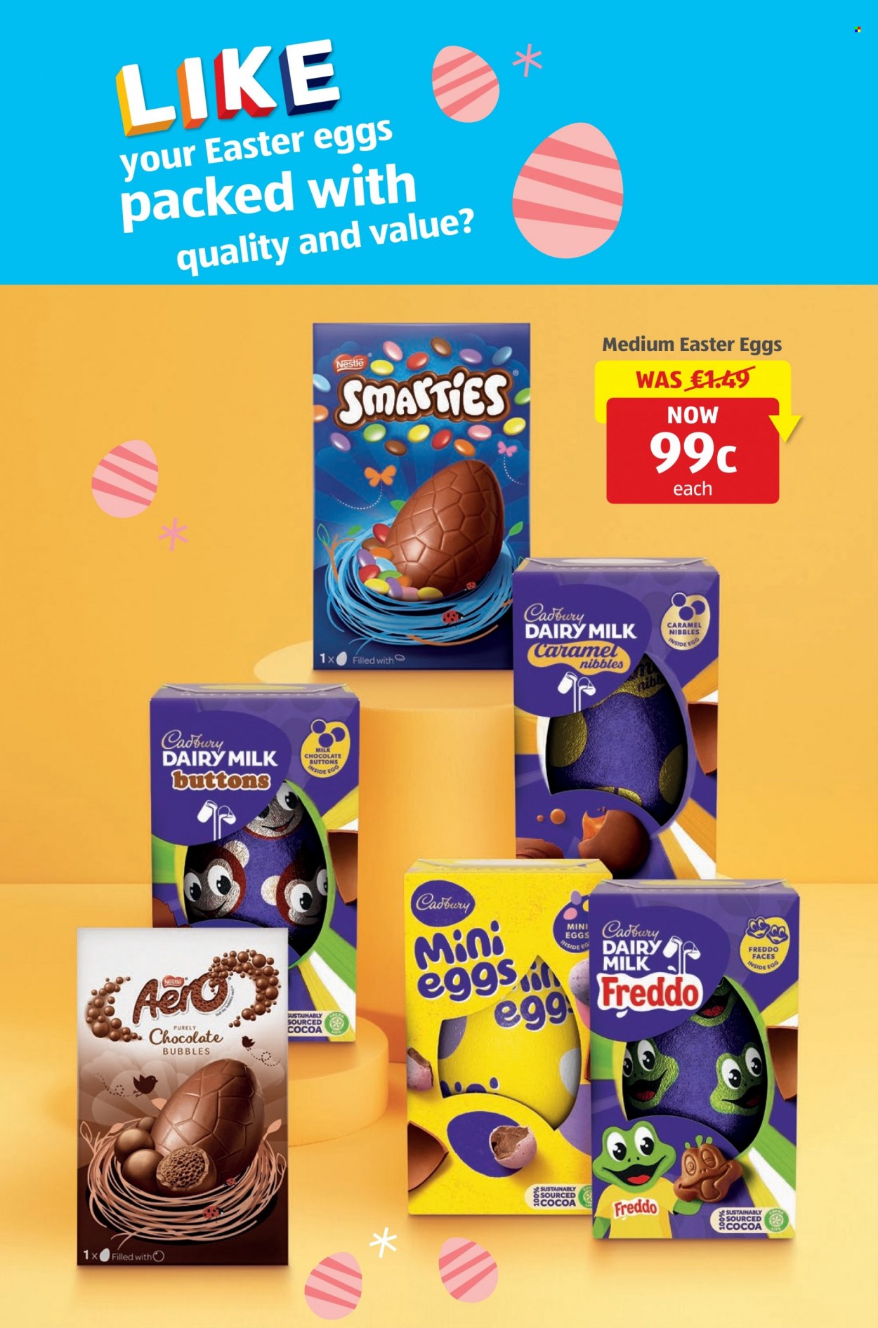 thumbnail - Aldi offer  - Sales products - milk chocolate, Nestlé, chocolate, easter egg, Smarties, Ego, Cadbury, Dairy Milk, chocolate egg, caramel. Page 26.