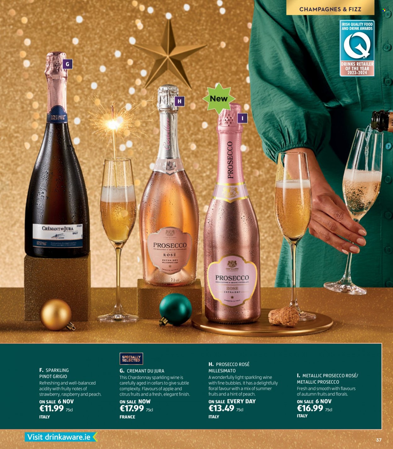 Aldi offer  - Sales products - sparkling wine, white wine, prosecco, Chardonnay, wine, alcohol, Pinot Grigio. Page 37.