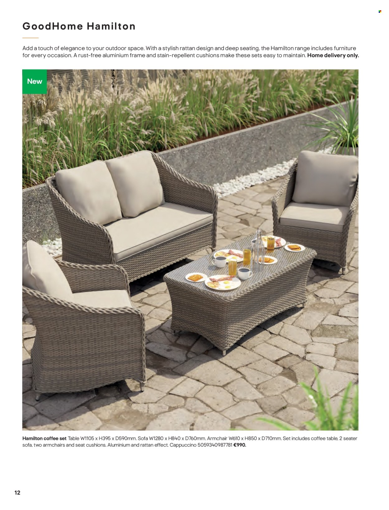 thumbnail - B&Q offer  - Sales products - table, arm chair, sofa, coffee table, cushion. Page 12.