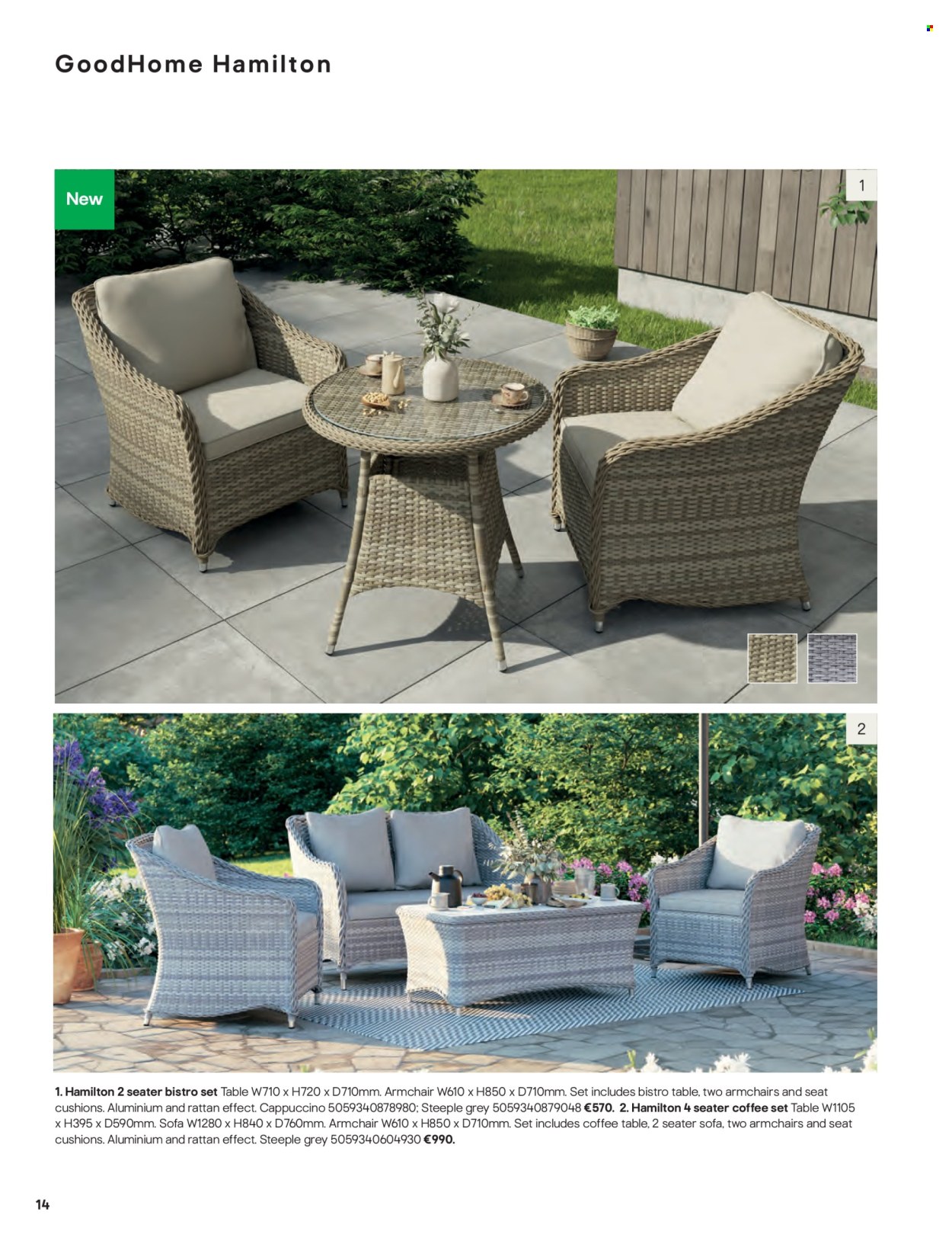 thumbnail - B&Q offer  - Sales products - table, arm chair, sofa, coctail table, coffee table, cushion. Page 14.