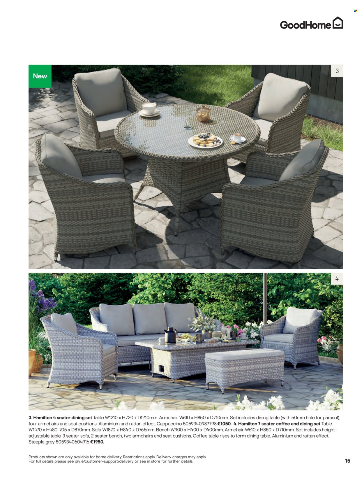 thumbnail - B&Q offer  - Sales products - dining set, dining table, table, bench, arm chair, sofa, coffee table, cushion. Page 15.