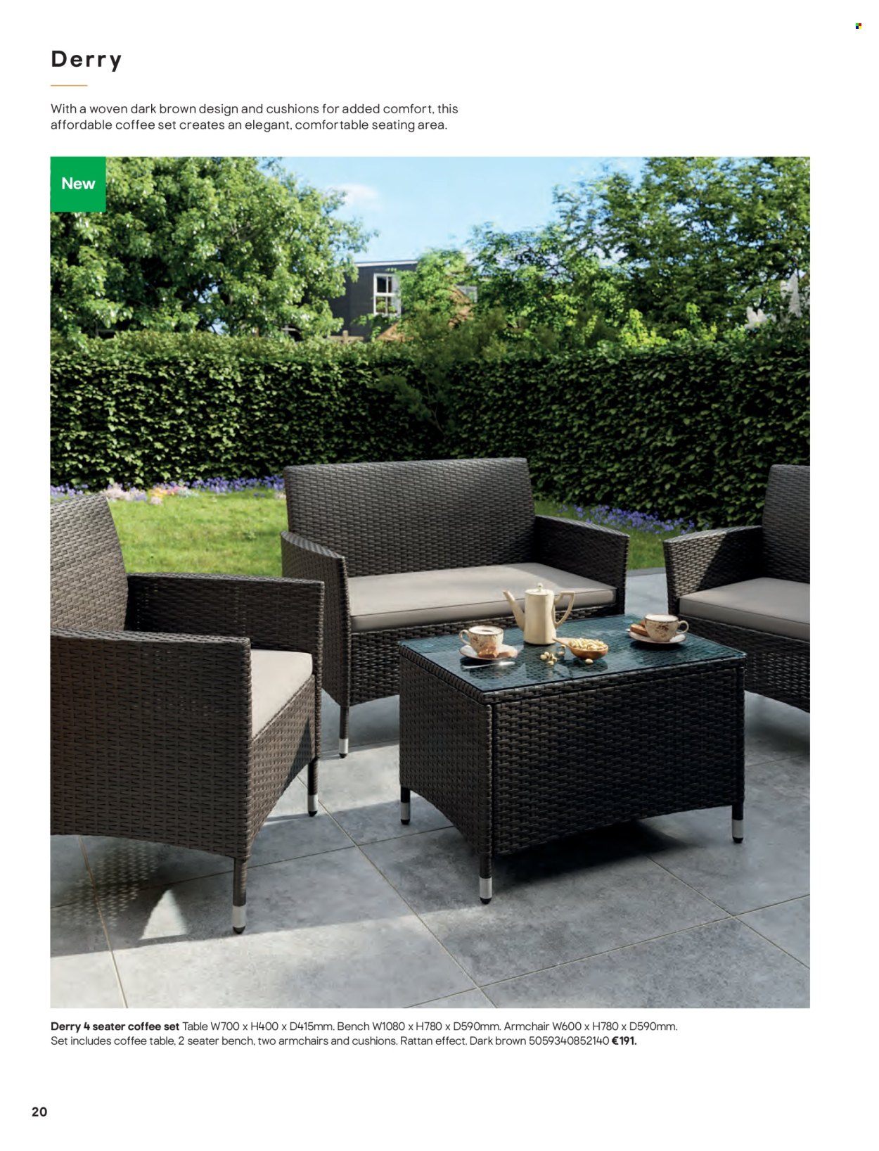 thumbnail - B&Q offer  - Sales products - table, bench, arm chair, coffee table, cushion. Page 20.