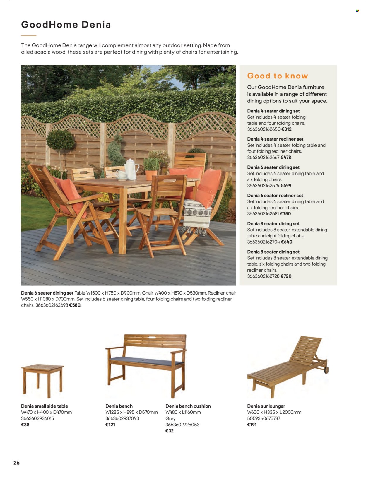 thumbnail - B&Q offer  - Sales products - dining set, dining table, table, chair, recliner chair, sidetable, folding table, lounger, cushion, bench cushion. Page 26.