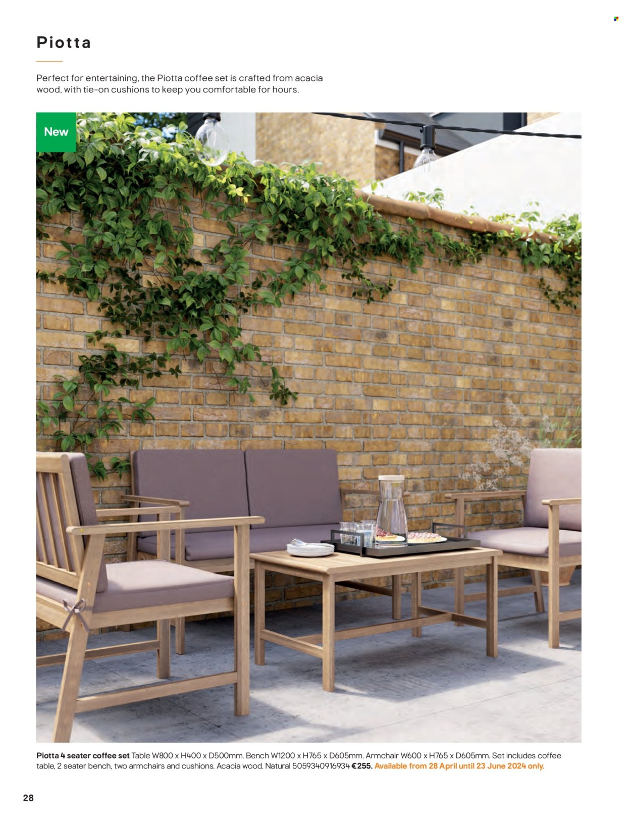 thumbnail - B&Q offer  - Sales products - table, bench, arm chair, coffee table, cushion. Page 28.
