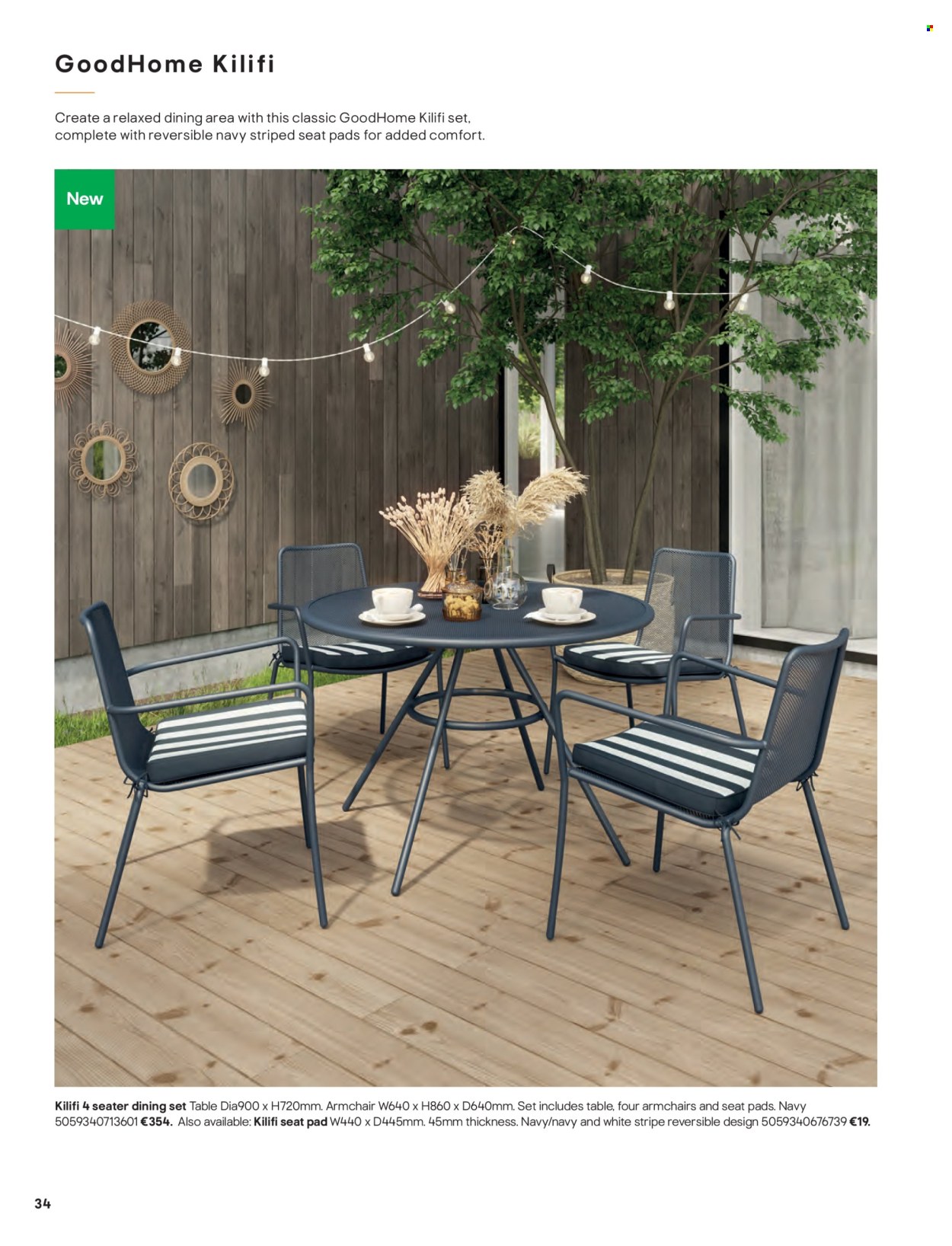 thumbnail - B&Q offer  - Sales products - dining set, arm chair, chair pad. Page 34.