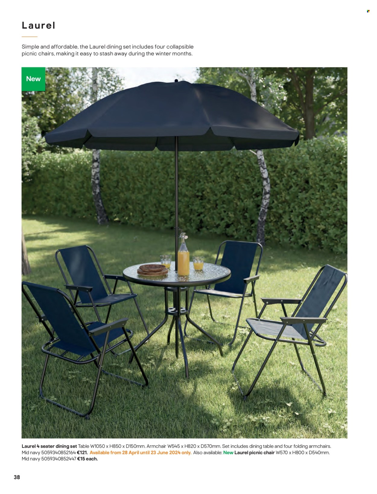 thumbnail - B&Q offer  - Sales products - dining set, dining table, table, chair, arm chair. Page 38.
