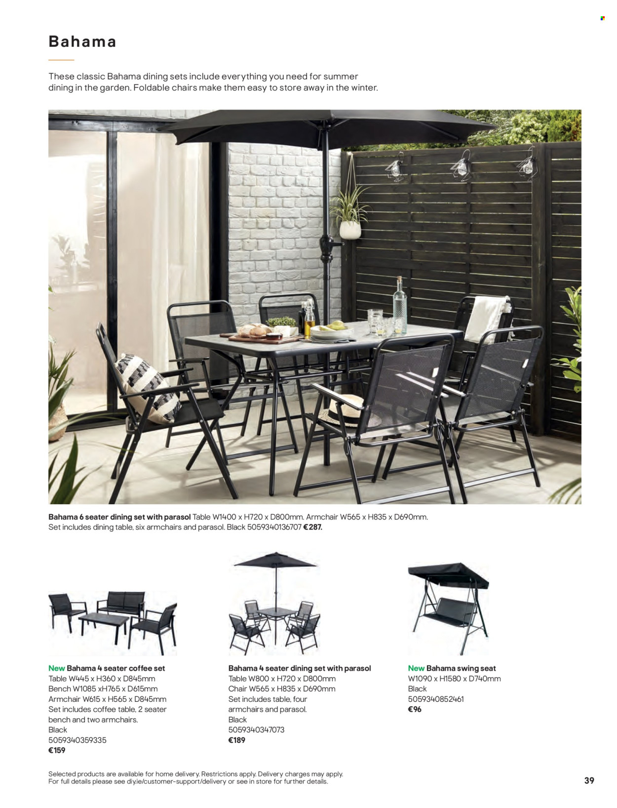 thumbnail - B&Q offer  - Sales products - dining set, dining table, chair, bench, arm chair, coffee table. Page 39.
