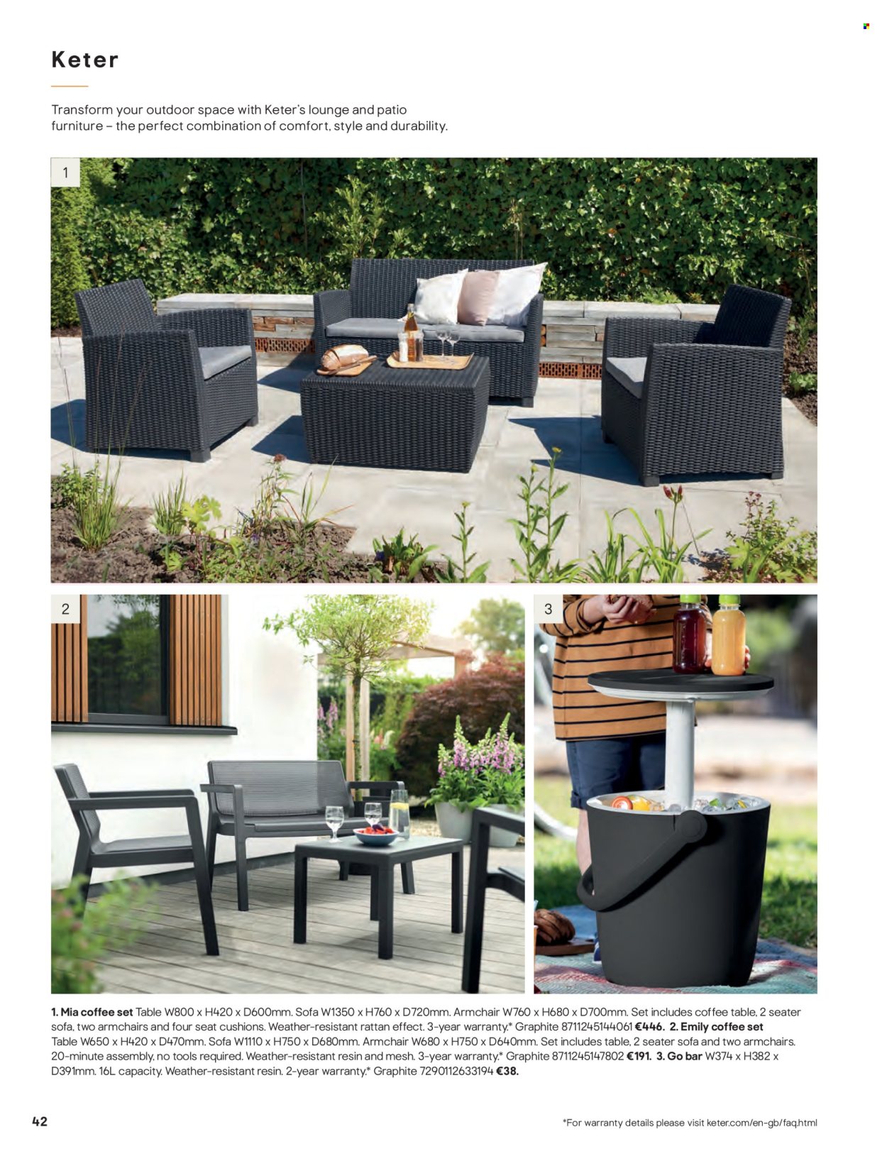 thumbnail - B&Q offer  - Sales products - arm chair, sofa, lounge, coffee table, patio furniture, cushion. Page 42.