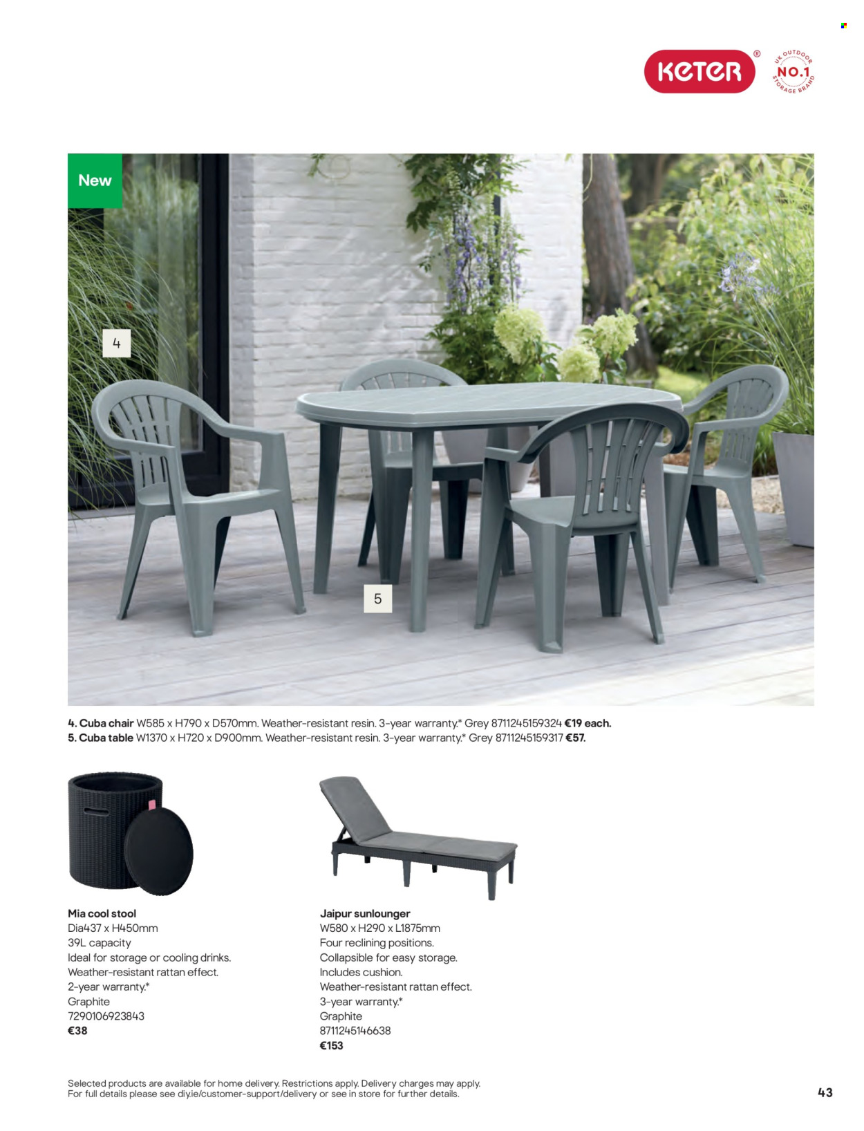 thumbnail - B&Q offer  - Sales products - table, stool, chair, lounger, cushion. Page 43.