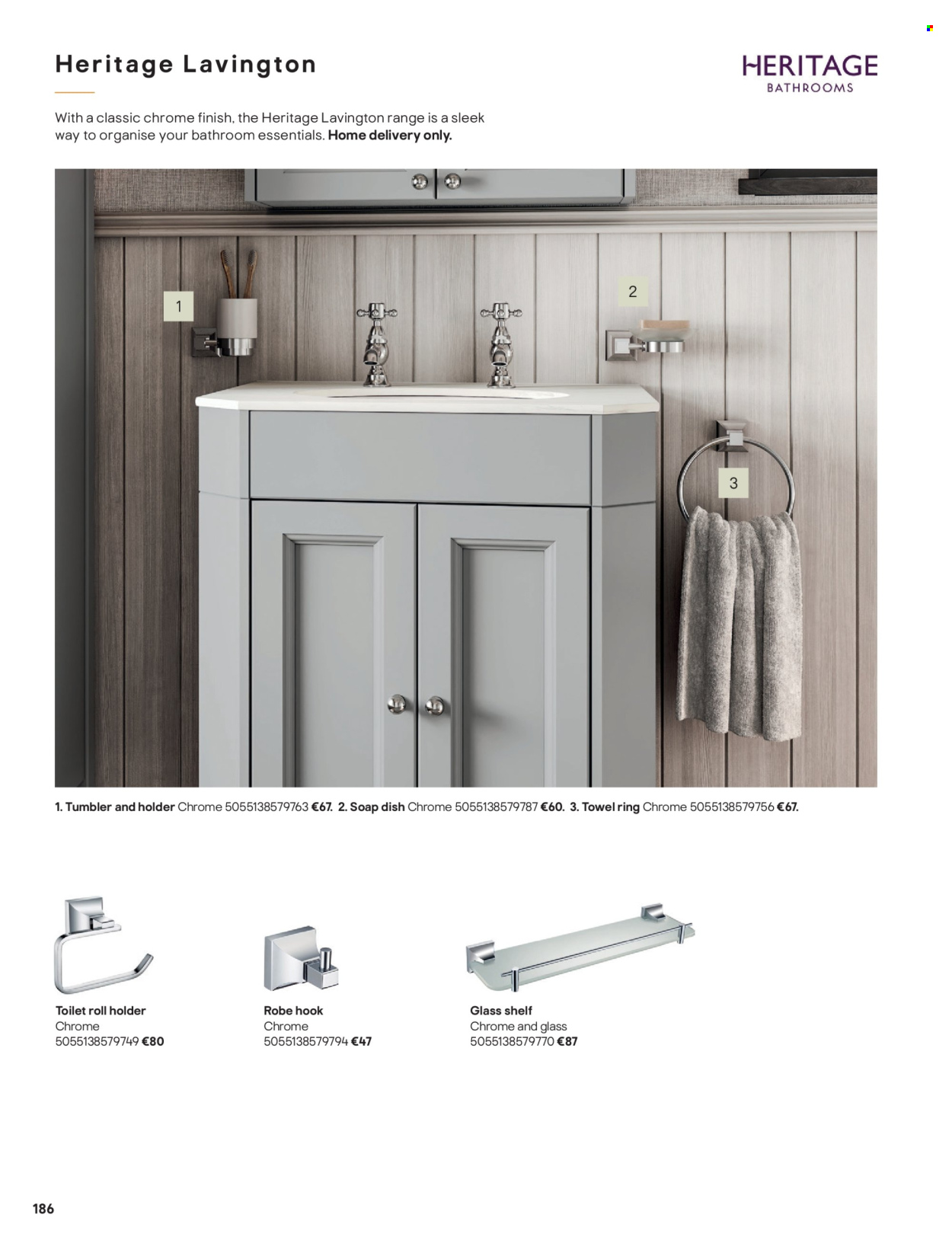 thumbnail - B&Q offer  - Sales products - shelves, hook, soap dish, toilet roll holder, holder, towel. Page 186.