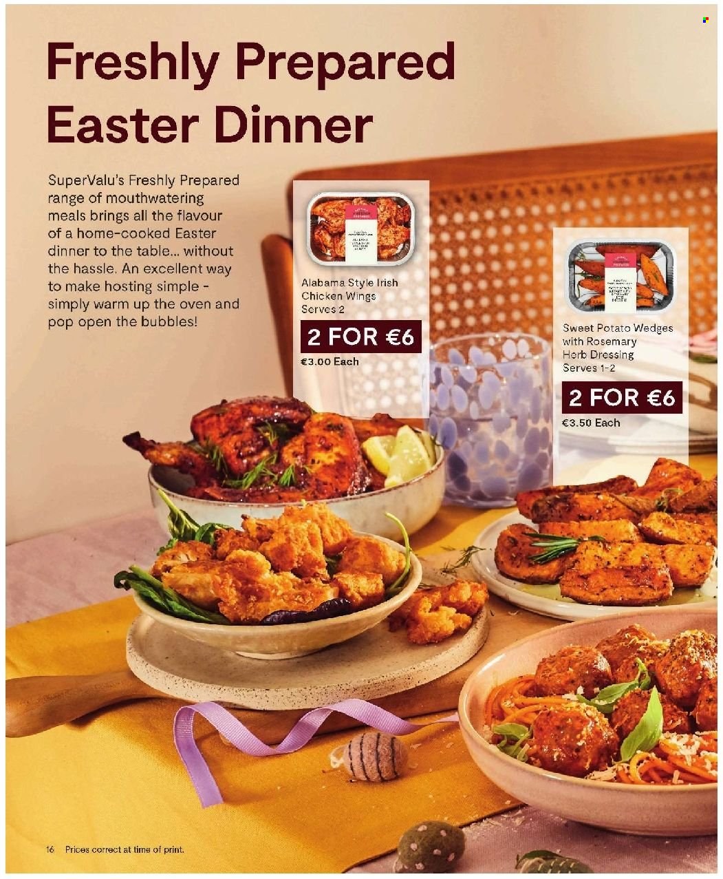 thumbnail - SuperValu offer  - Sales products - sweet potato, chicken wings, potato wedges, dressing, chicken. Page 16.