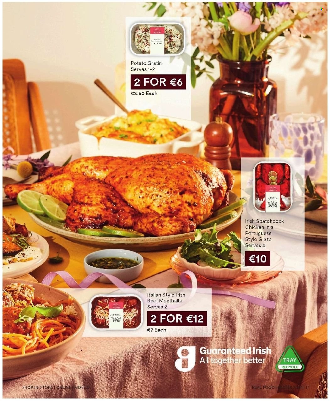 thumbnail - SuperValu offer  - Sales products - potato gratin, meatballs, ready meal, spatchcock chicken, chicken. Page 17.