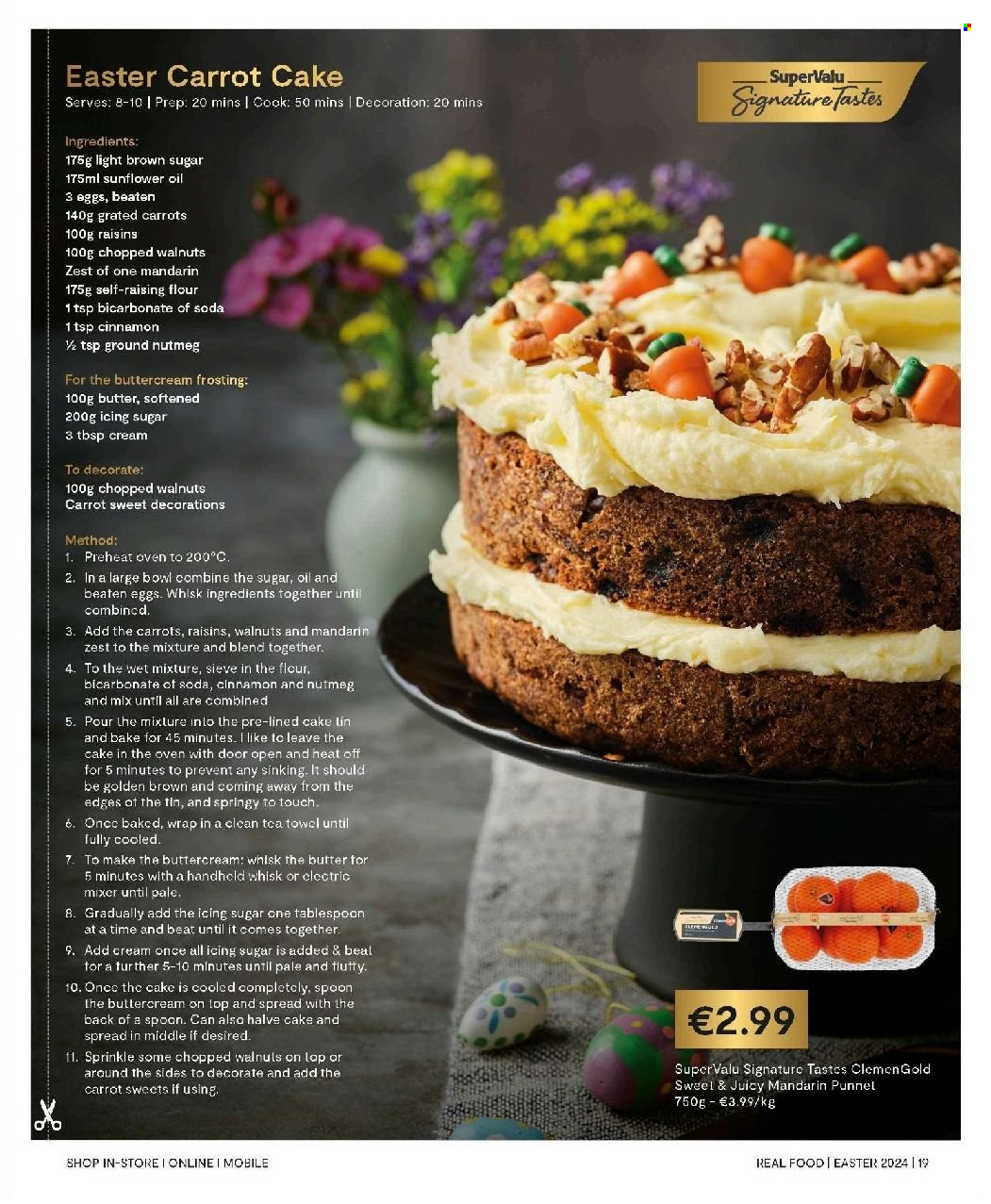 thumbnail - SuperValu offer  - Sales products - cake, butter, sweets, bicarbonate of soda, cane sugar, flour, icing sugar, cinnamon, sunflower oil, raisins, walnuts, dried fruit. Page 19.